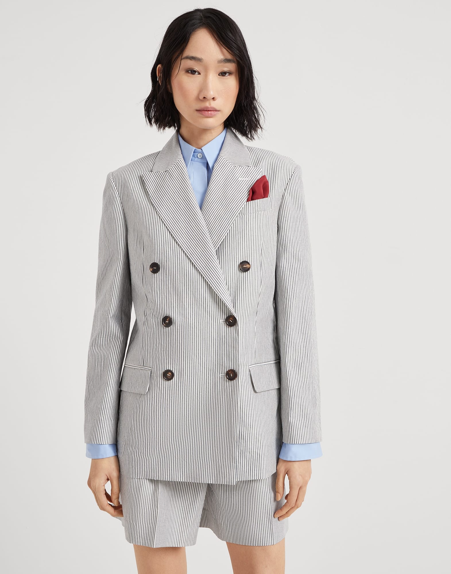 Striped cotton and linen twill blazer with monili - 1