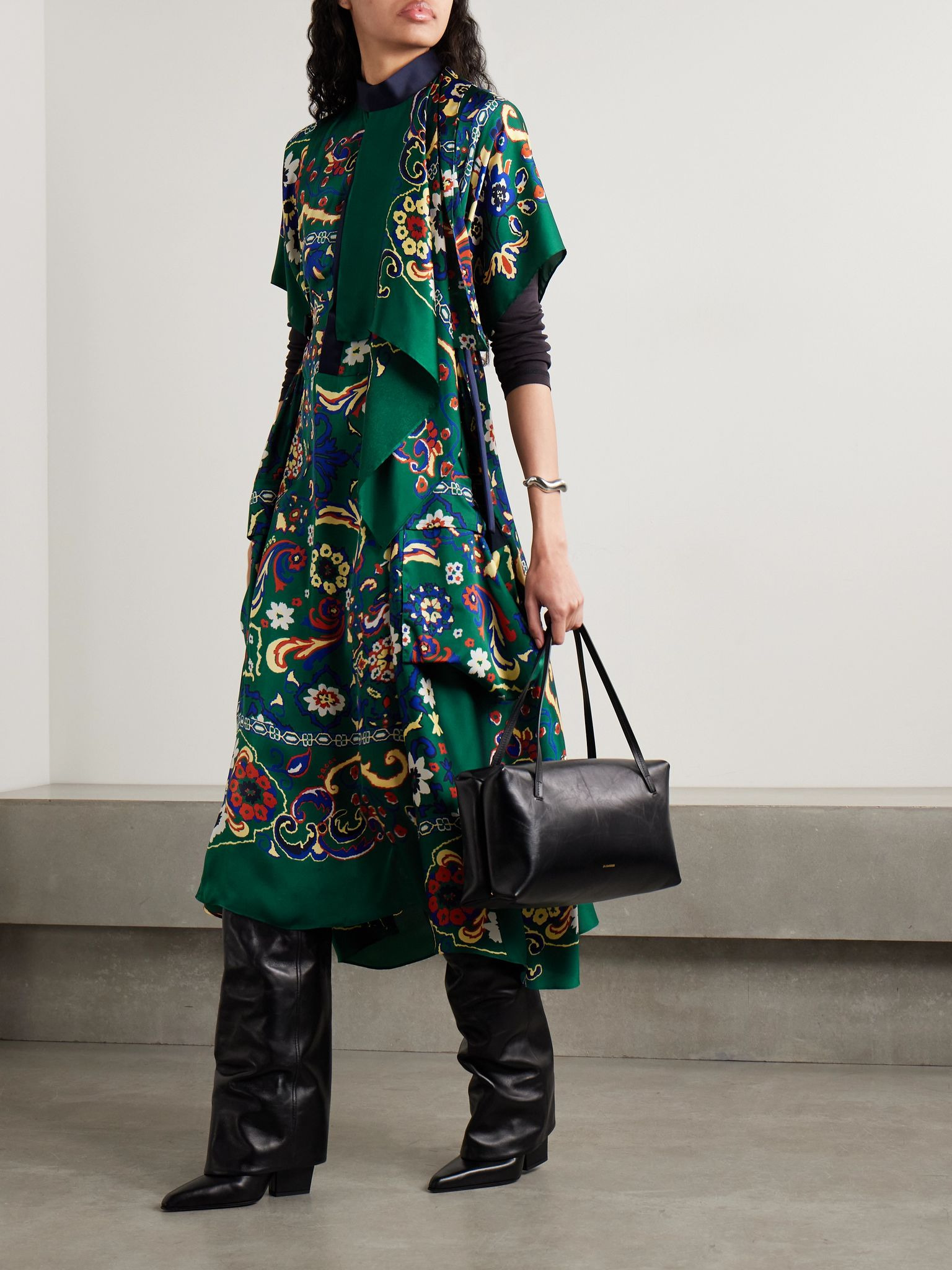 Draped printed satin midi dress Green - 2