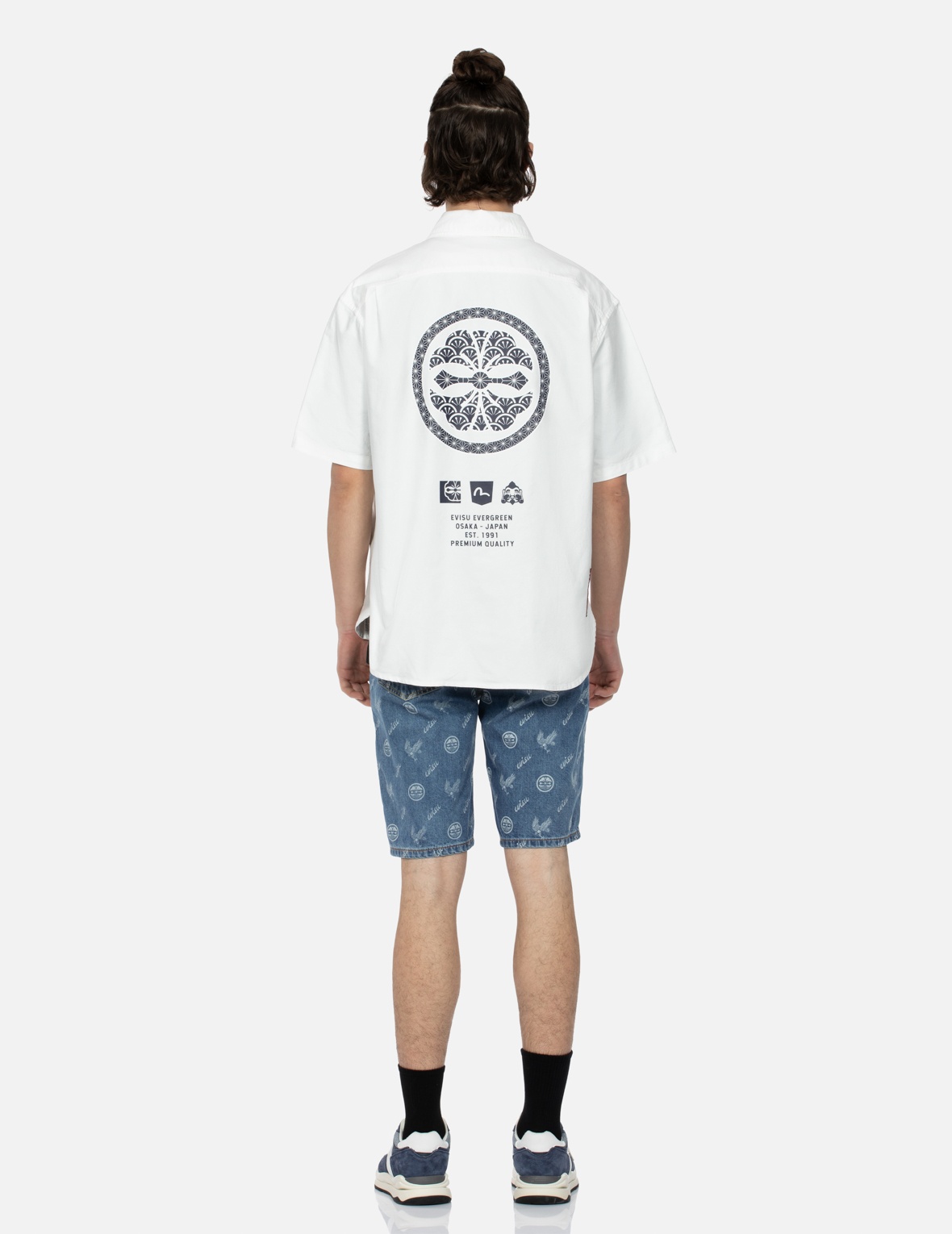 ALLOVER KAMON AND EAGLE PRINT DENIM SHORTS - 5