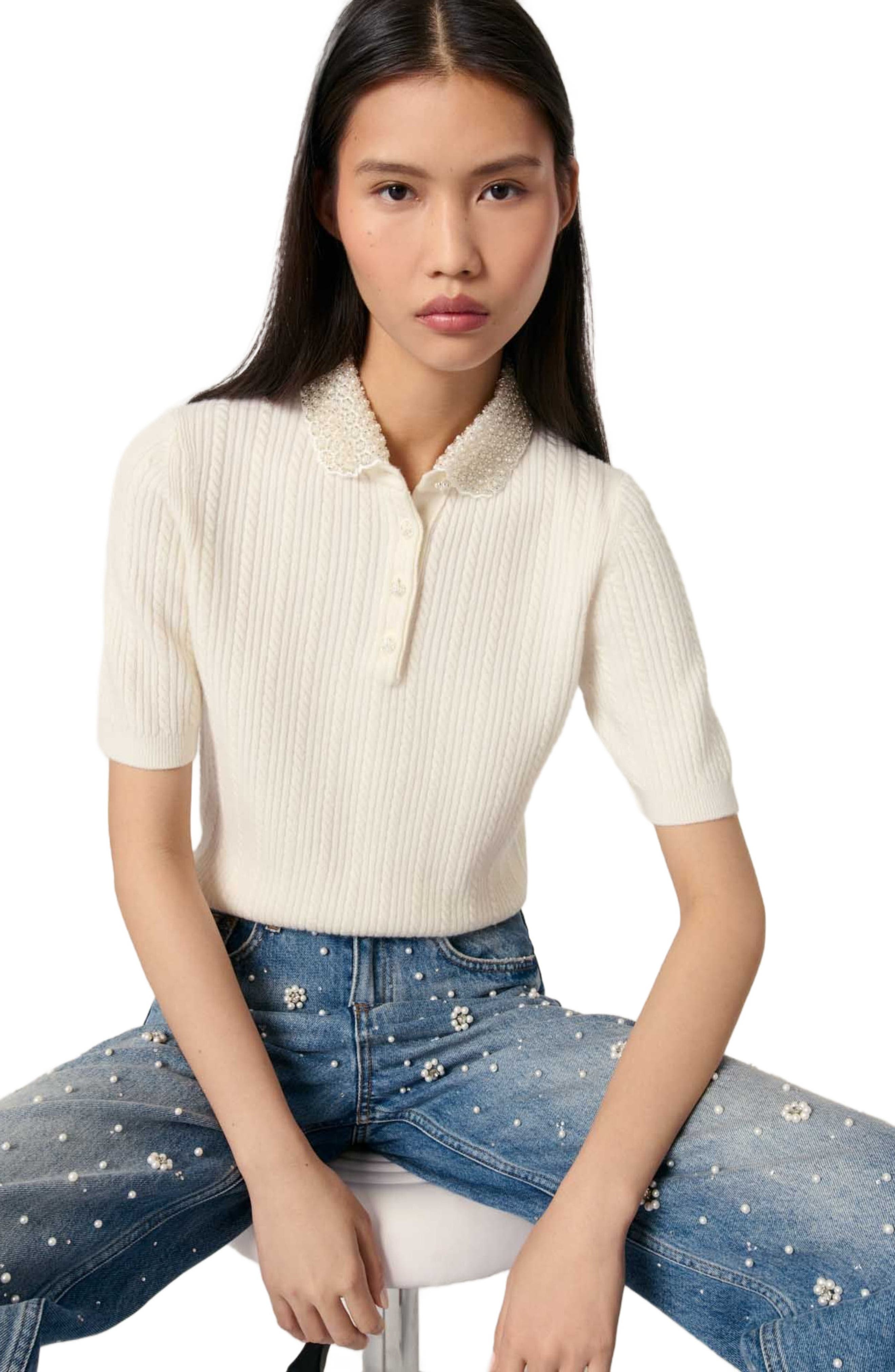 maje Removable collar knit polo shirt in Ecru at Nordstrom - 6