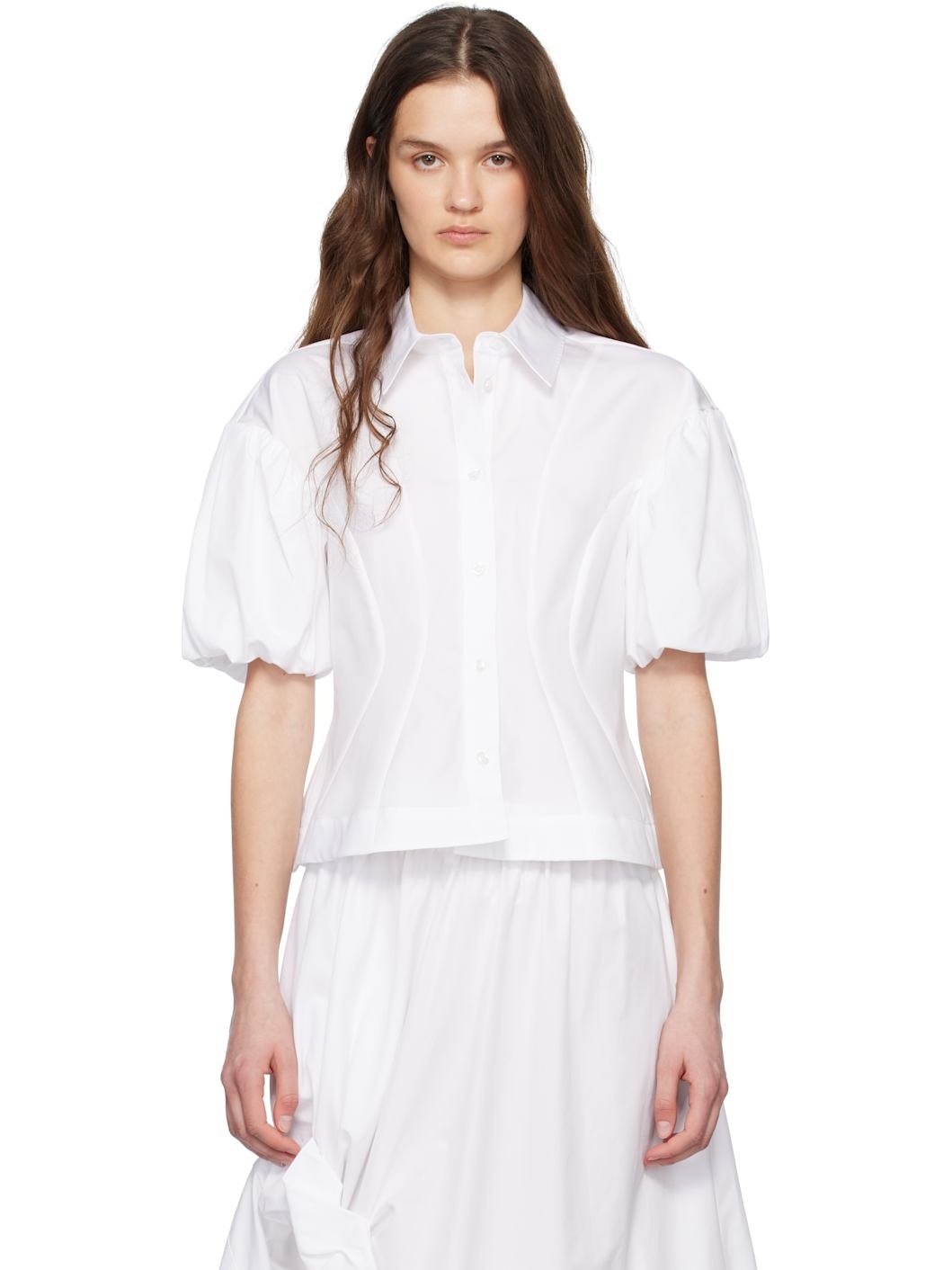 White Cropped Puff Sleeve Shirt - 1