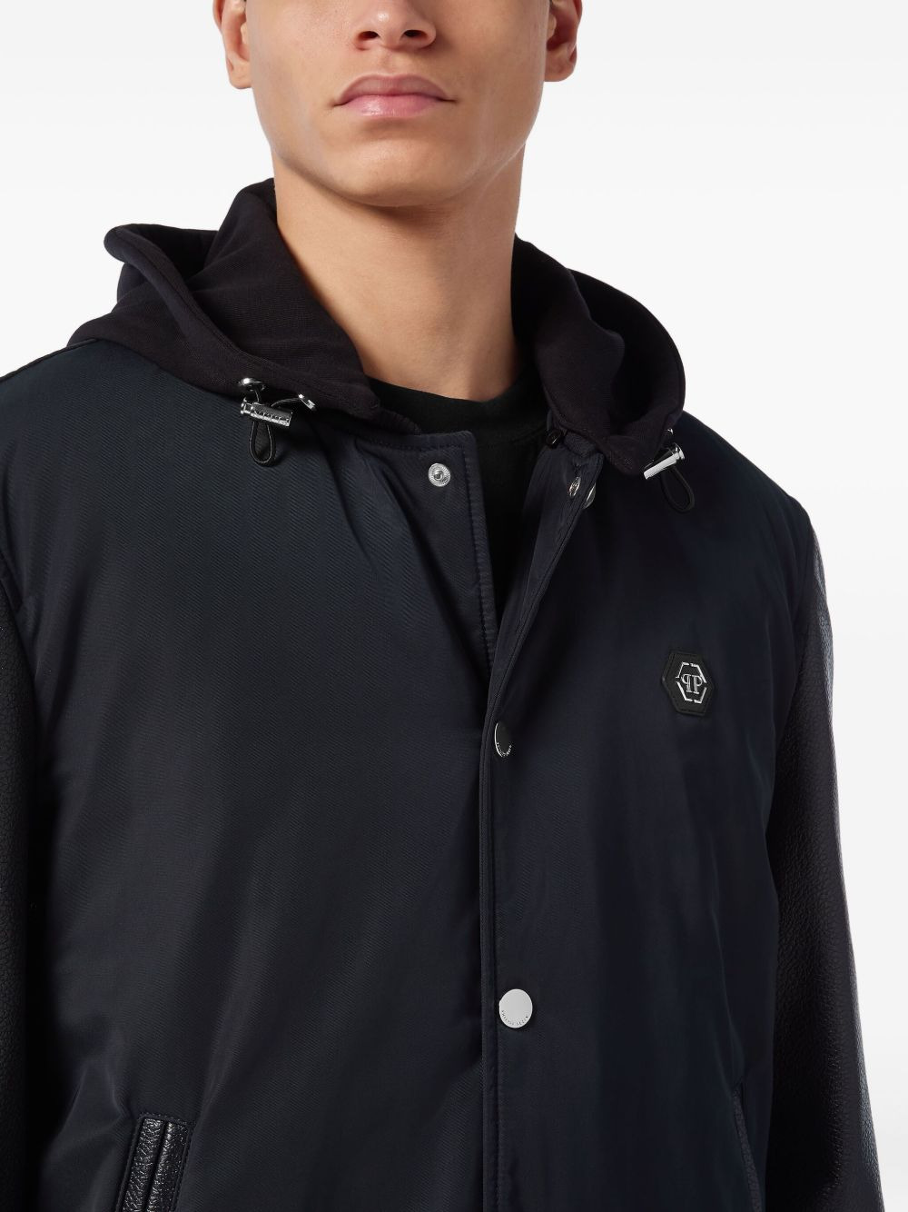 leather-sleeve hooded bomber jacket - 5