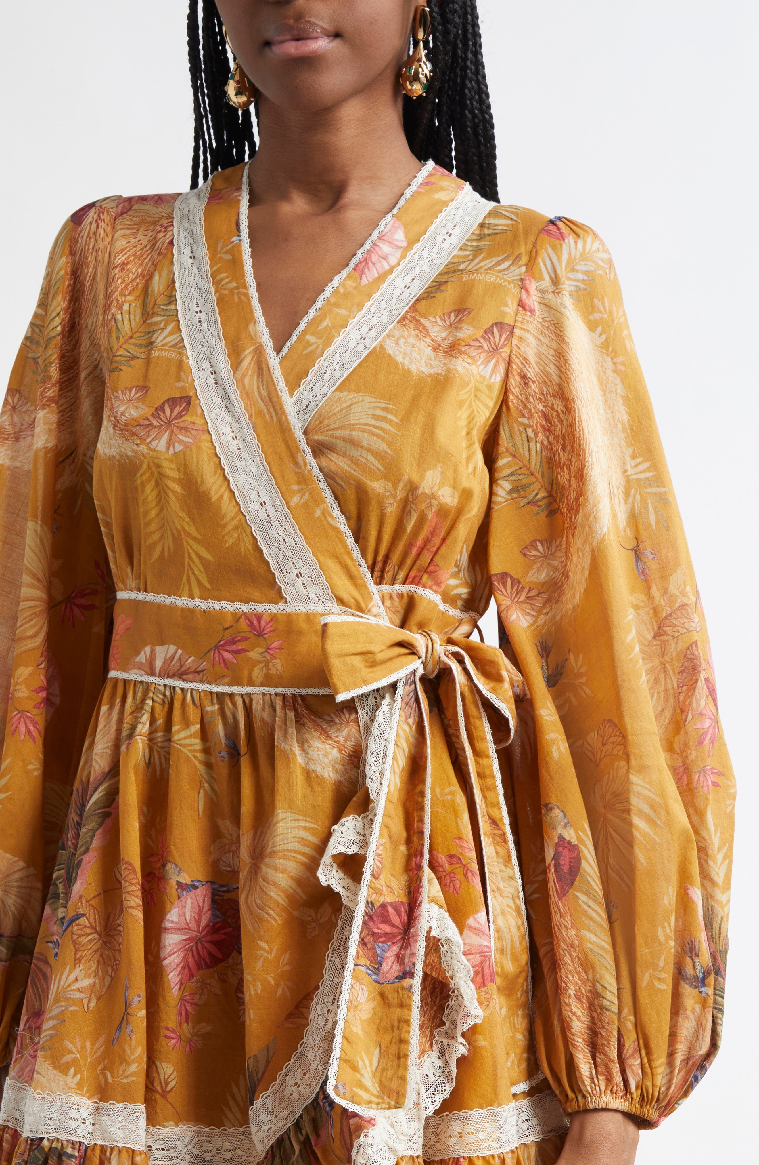 Zimmermann Ascension Lace Trim Long Sleeve Wrap Dress in Mustard Palm Floral at Nordstrom - 4