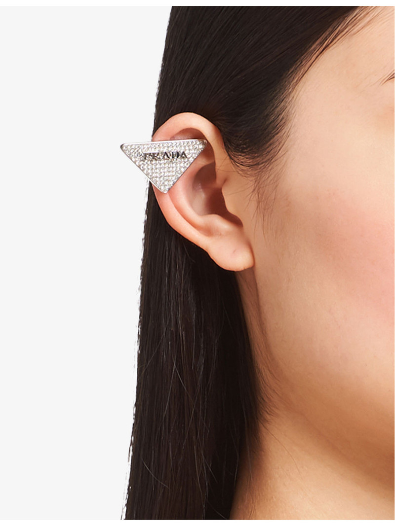 Prada Left logo-embellished sterling silver and crystal single stud earring outlook