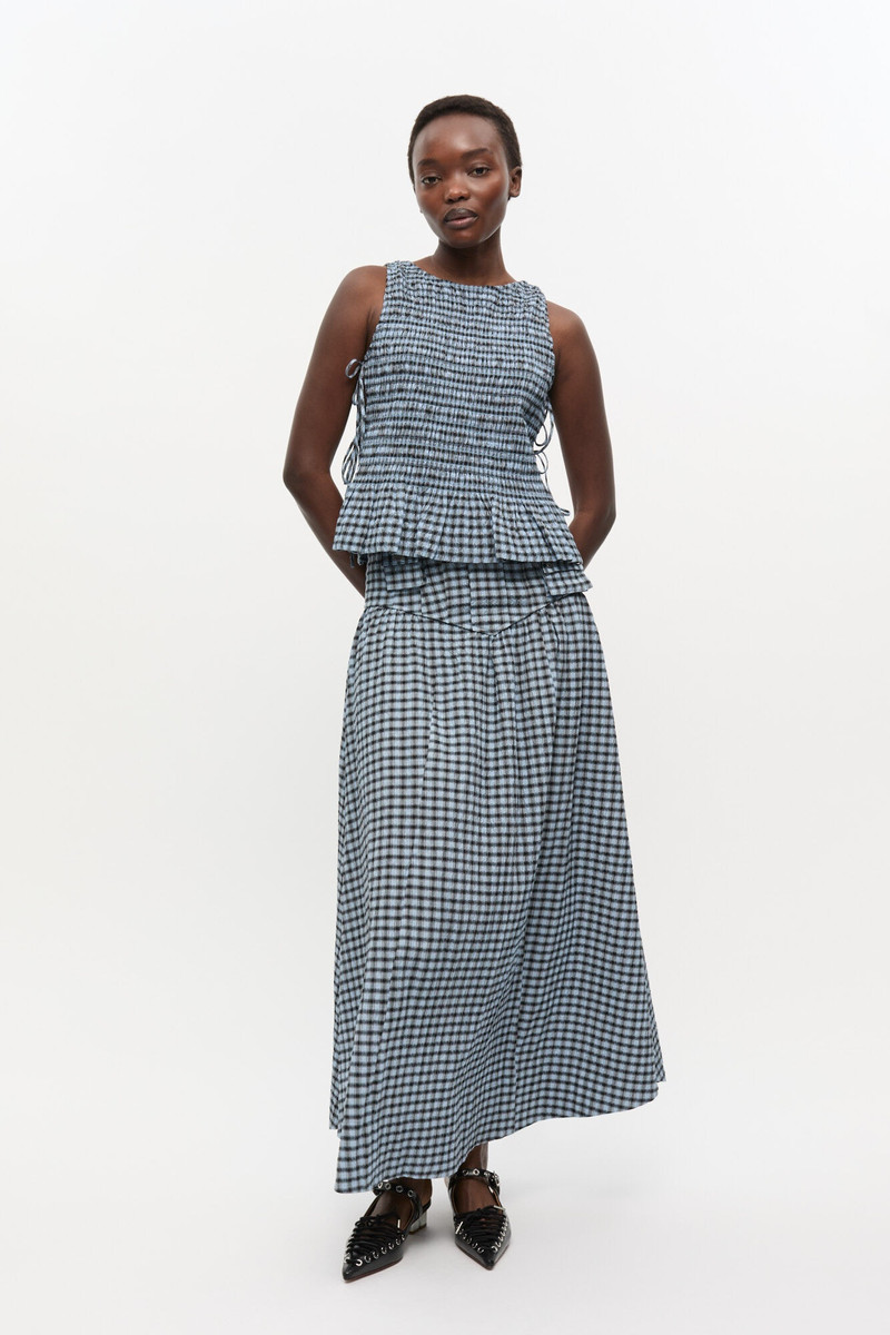 GANNI BLUE SEERSUCKER CHECK LONG SKIRT outlook