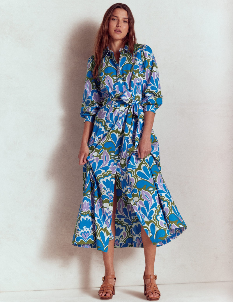 Clara Cotton Shirt Dress-Kingfisher Blue, Freesia Stamp 7