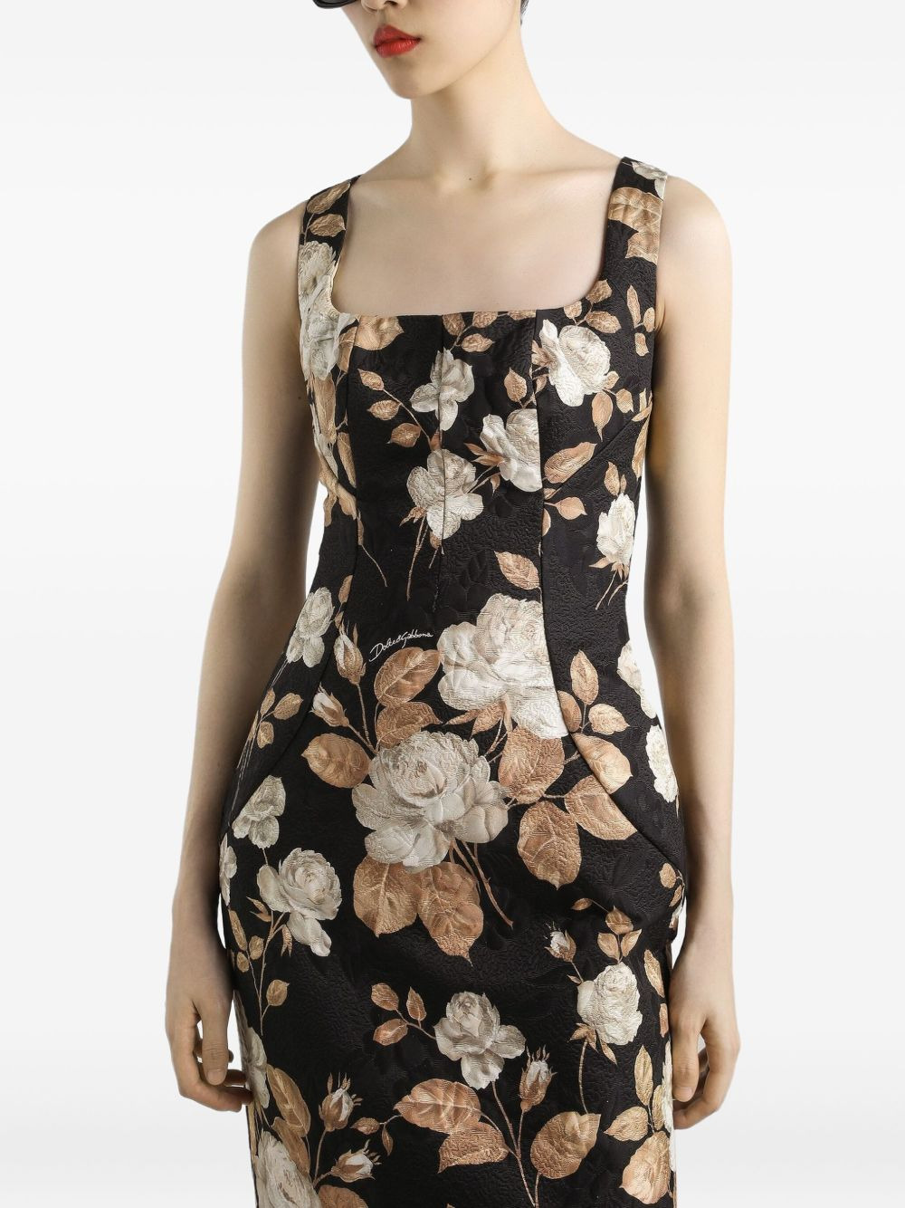 rose-print square-neck midi dress - 3