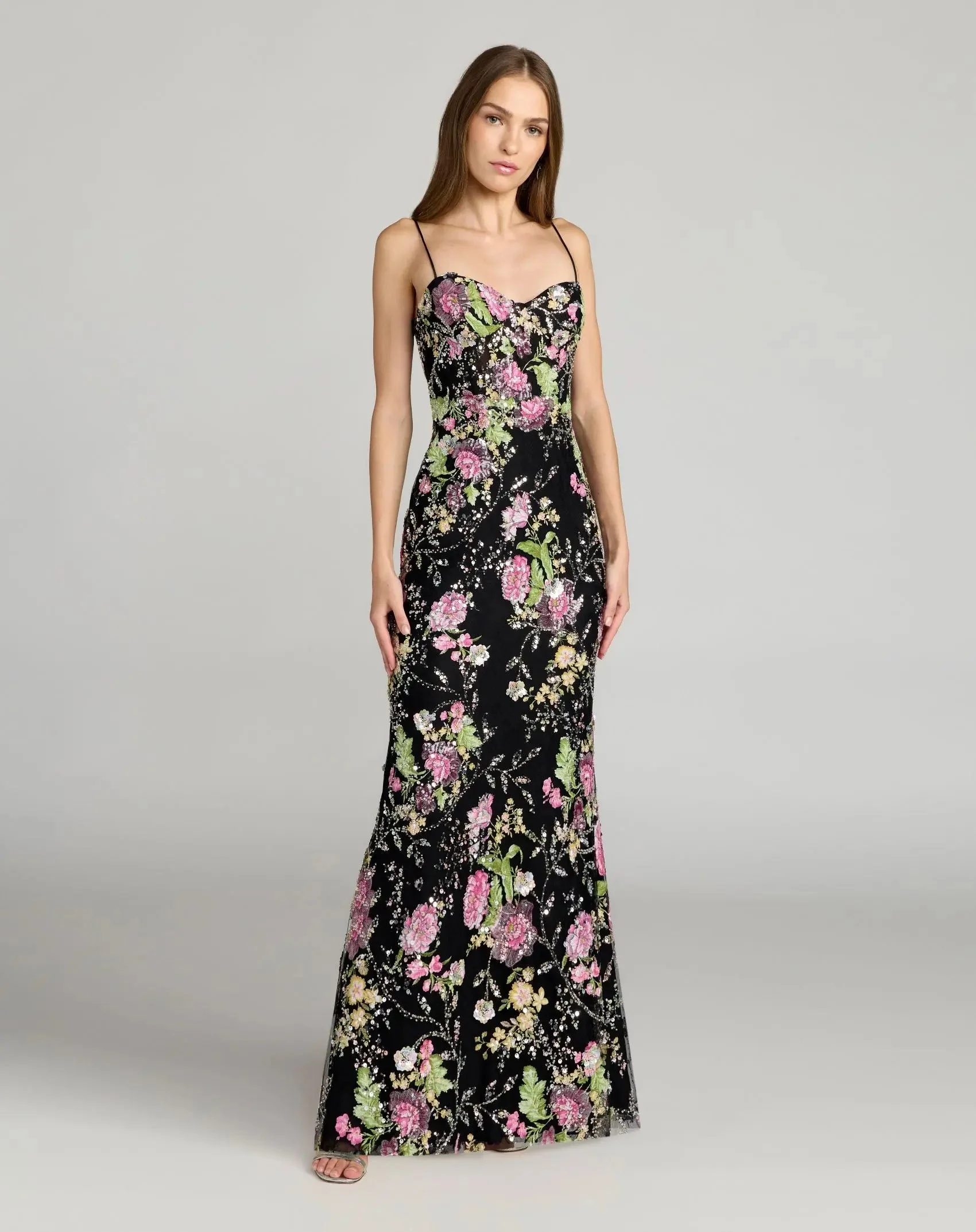Black Embellished Bustier Floral Trumpet Gown - 1