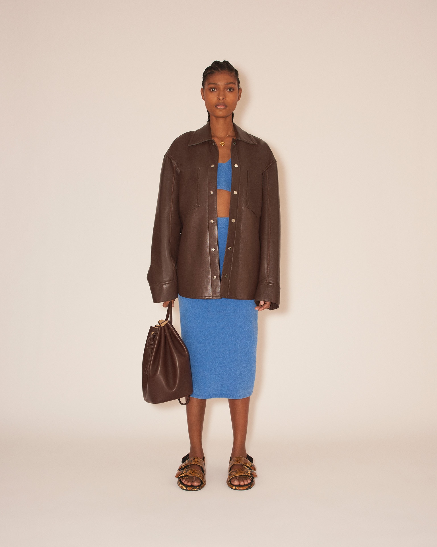 KIORA - Regenerated leather overshirt with contrast knitted collar - Dark Brown - 3