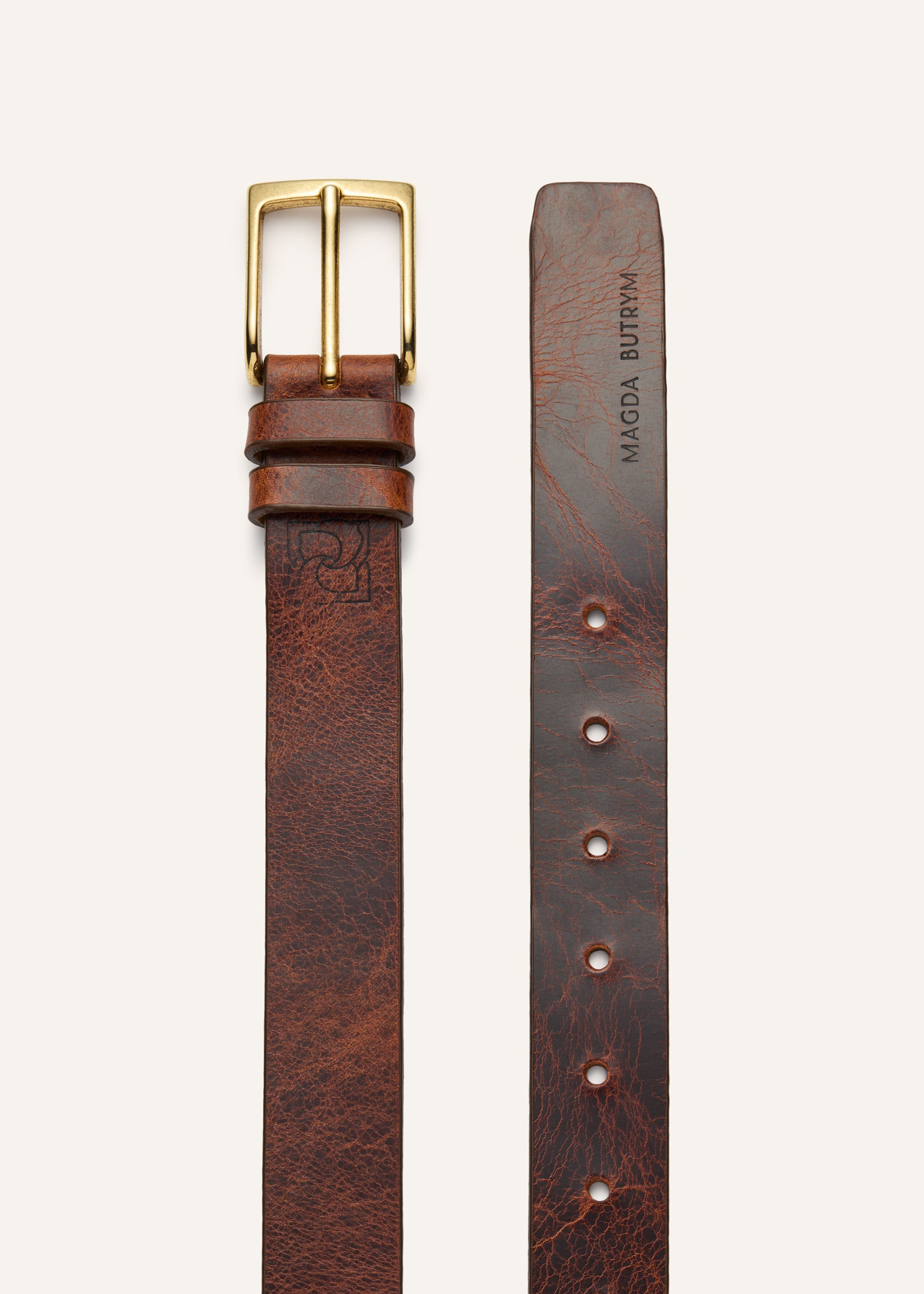 Patina brown leather belt with gold buckle - 1