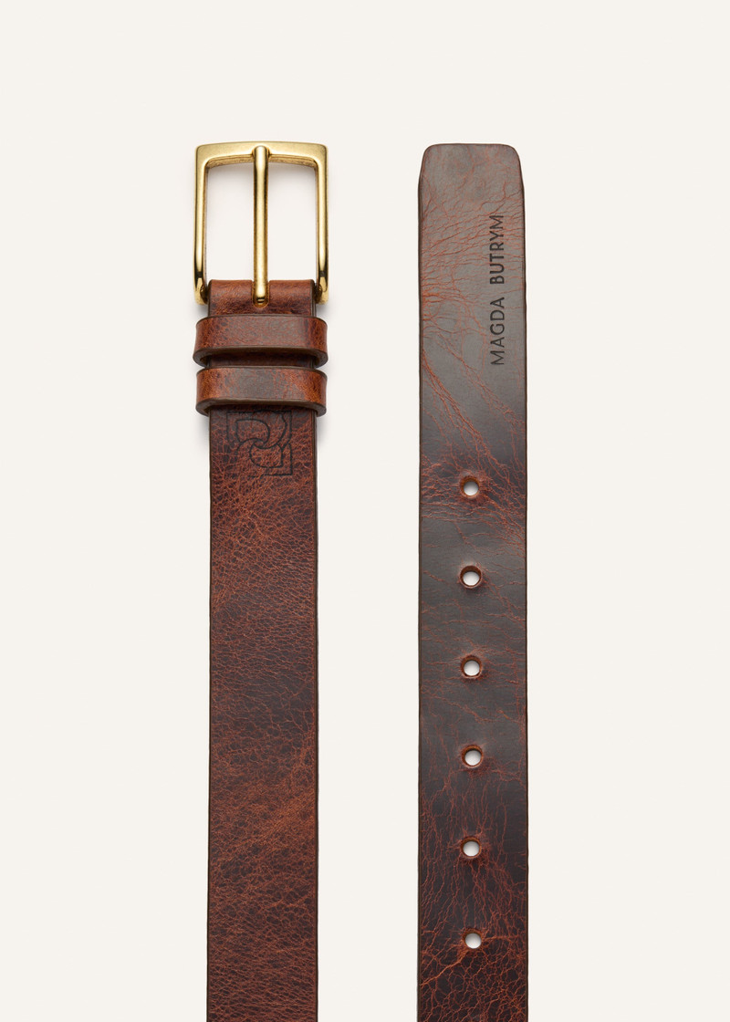 Patina brown leather belt with gold buckle 1