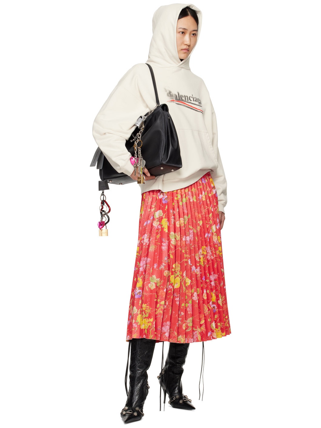 Red Floral Leather Midi Skirt - 4