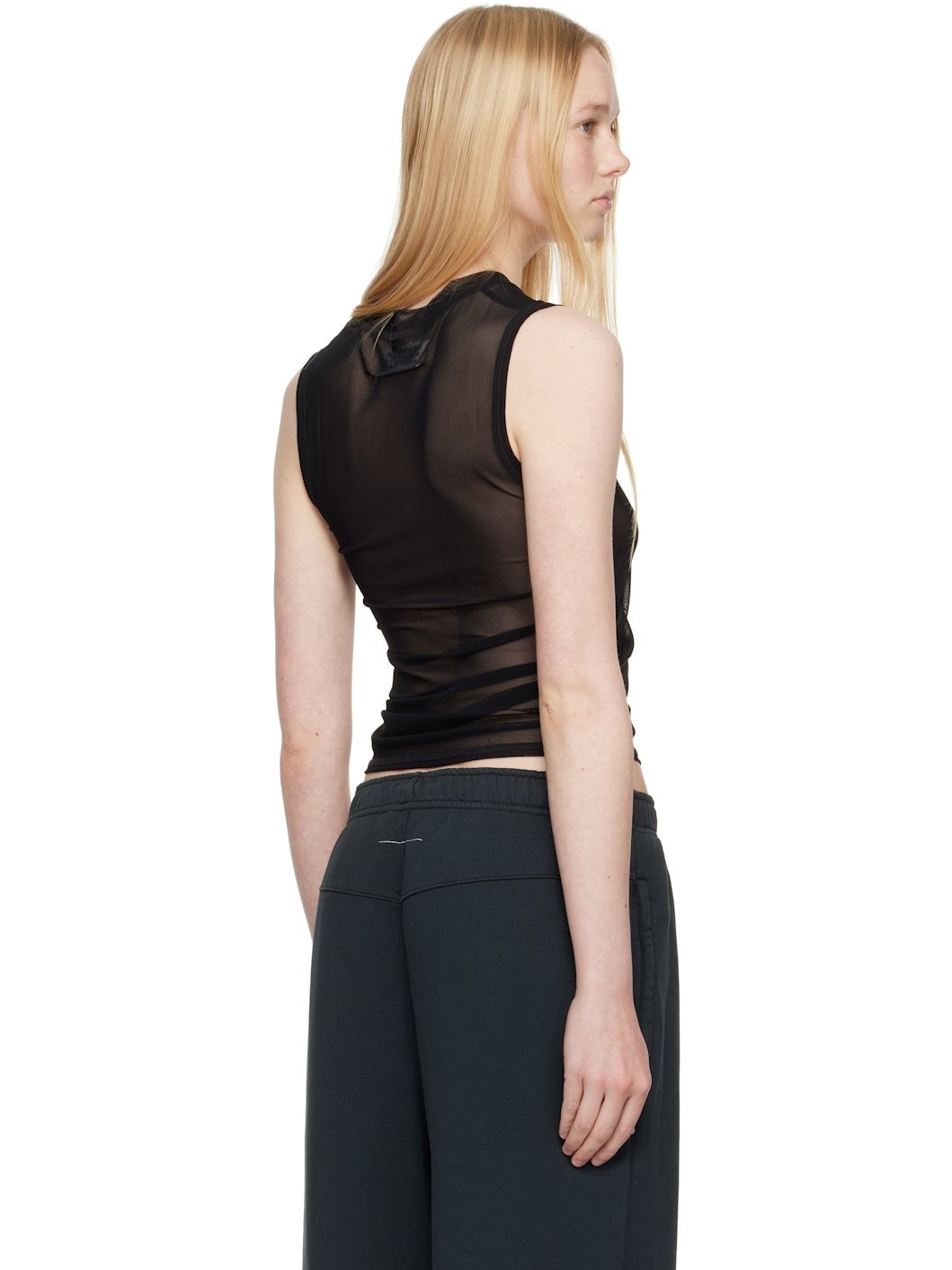 Black Elastic Jersey Mesh Tank Top - 3