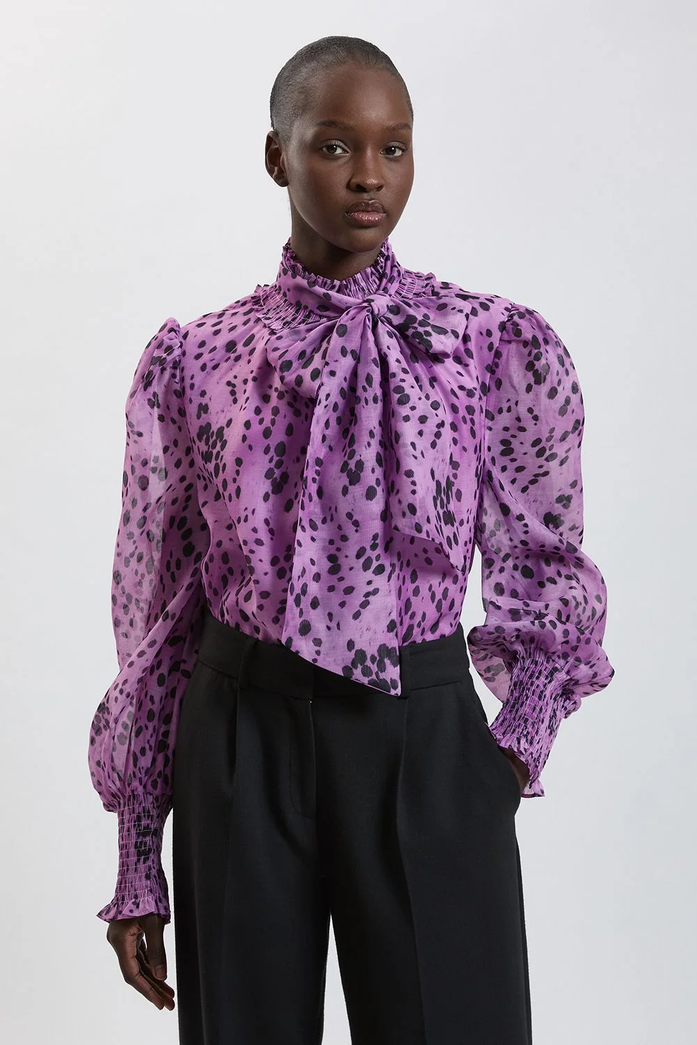 Spot Animal Print High Neck Ruched Detail Blouse - 1
