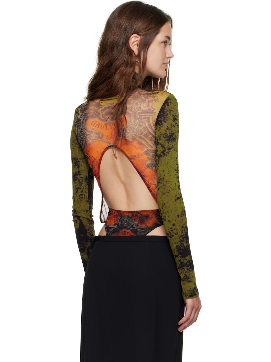 Khaki & Orange 'The Médaillon' Open Back Bodysuit - 3