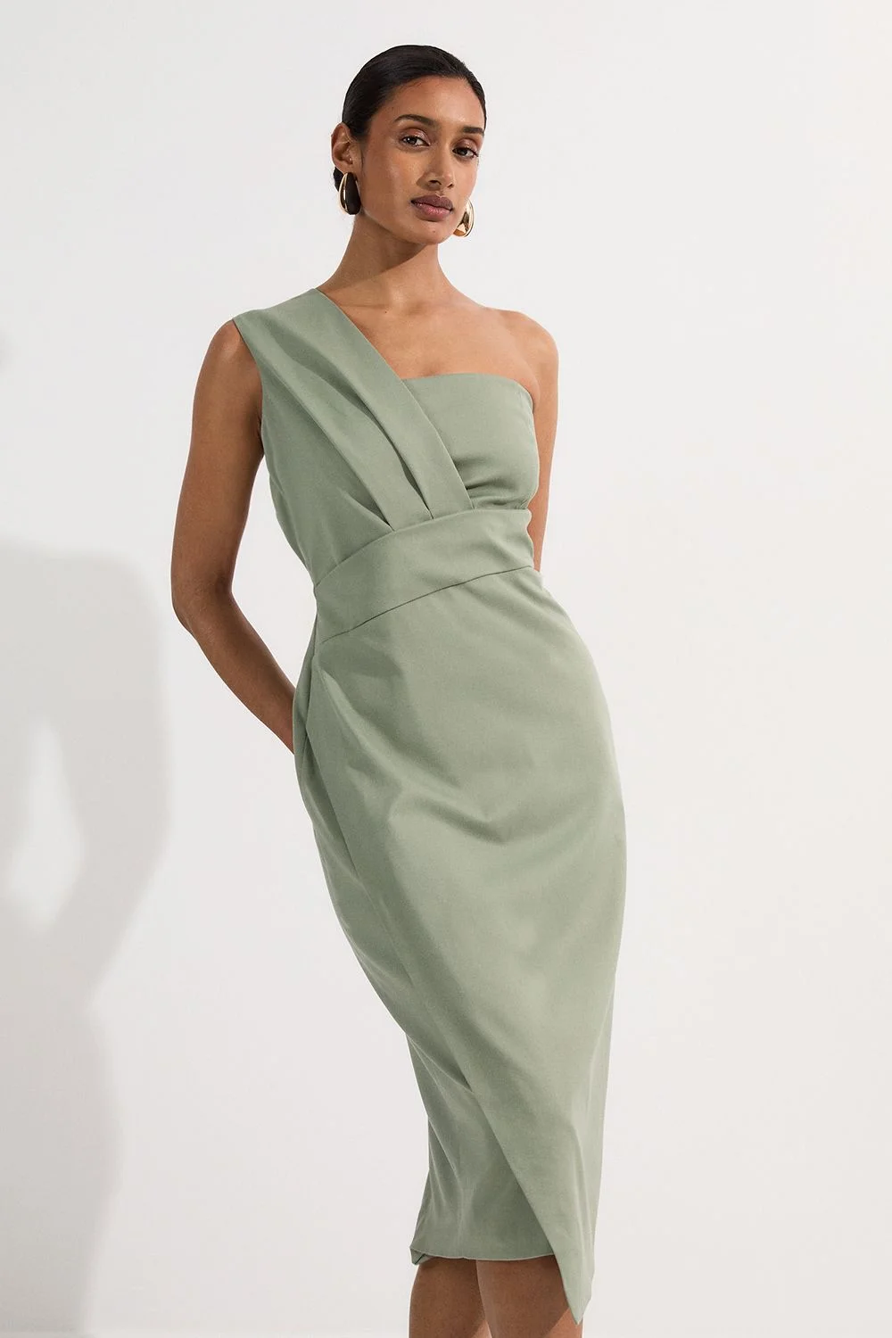 Tailored One Shoulder Tuck Detail Pencil Midi Dress - 1