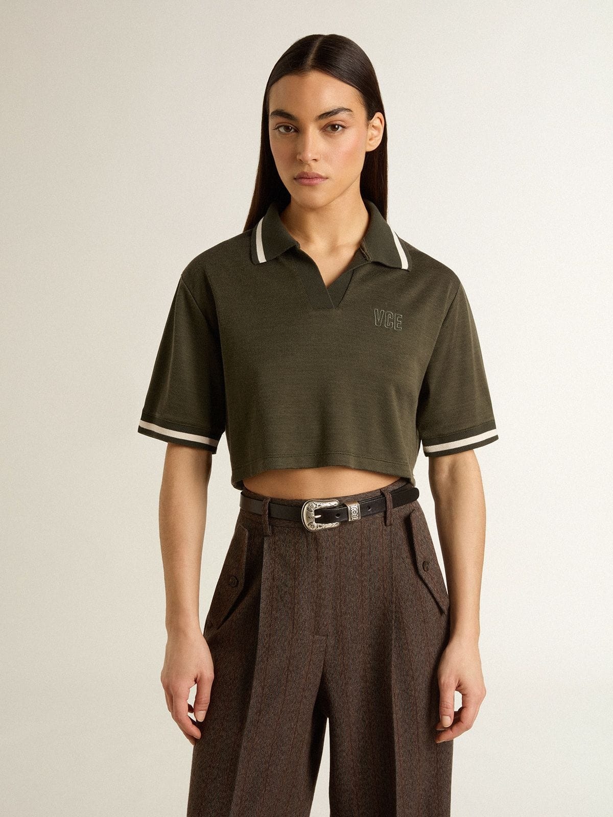 Women's cropped polo in military-green jersey with embroidery - 2