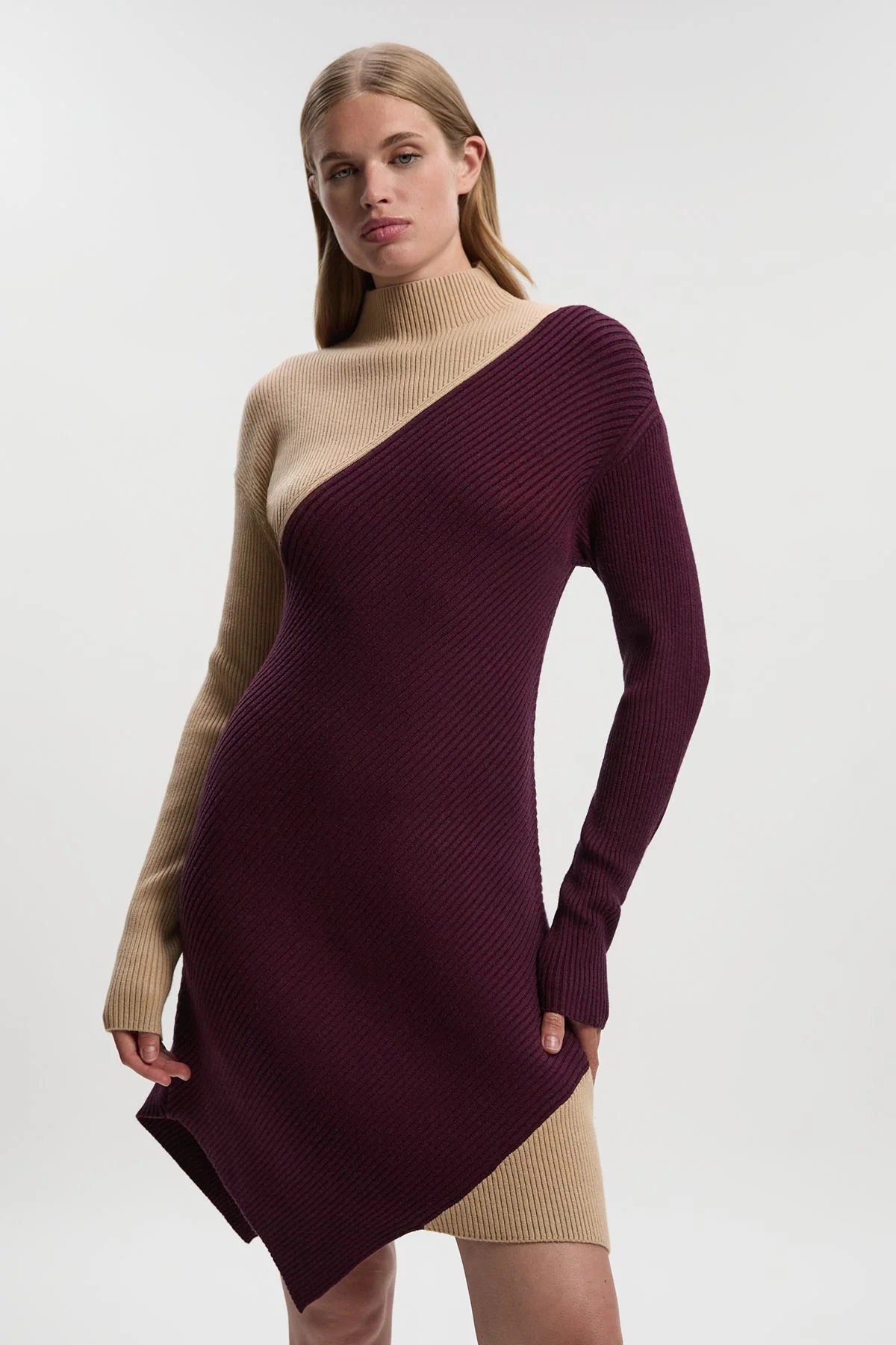 Soft Ribbed Asymmetric Hem Knitted Dress - 1