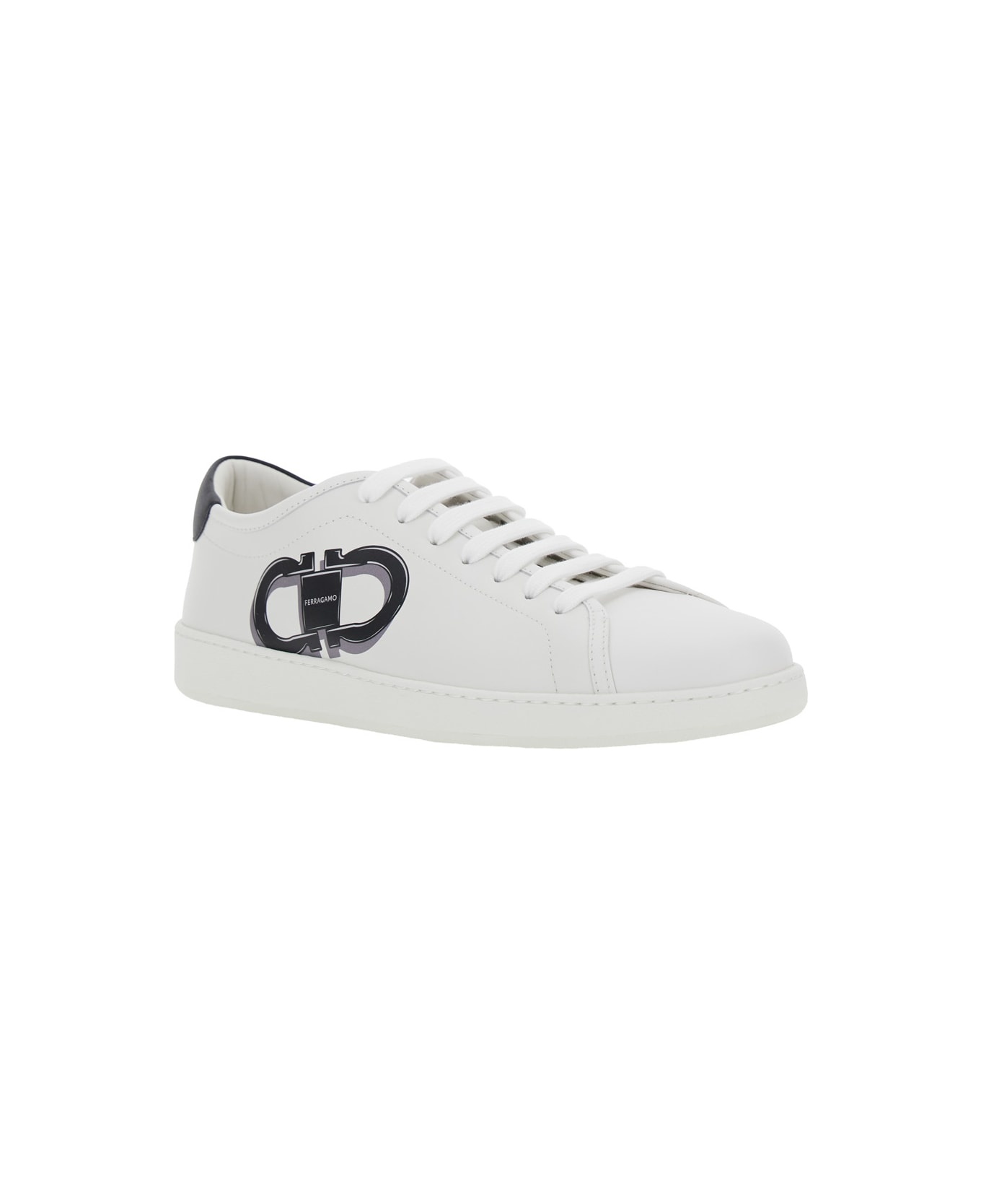 White Sneakers With Gancini Print On The Side And Contrasting Heel In Leather Man - 2