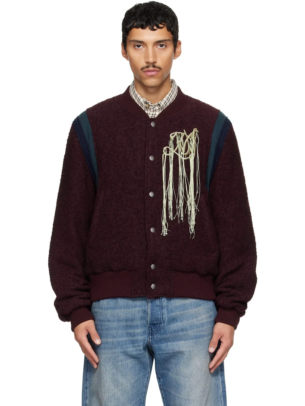 Burgundy Fringe Bomber Jacket - 1