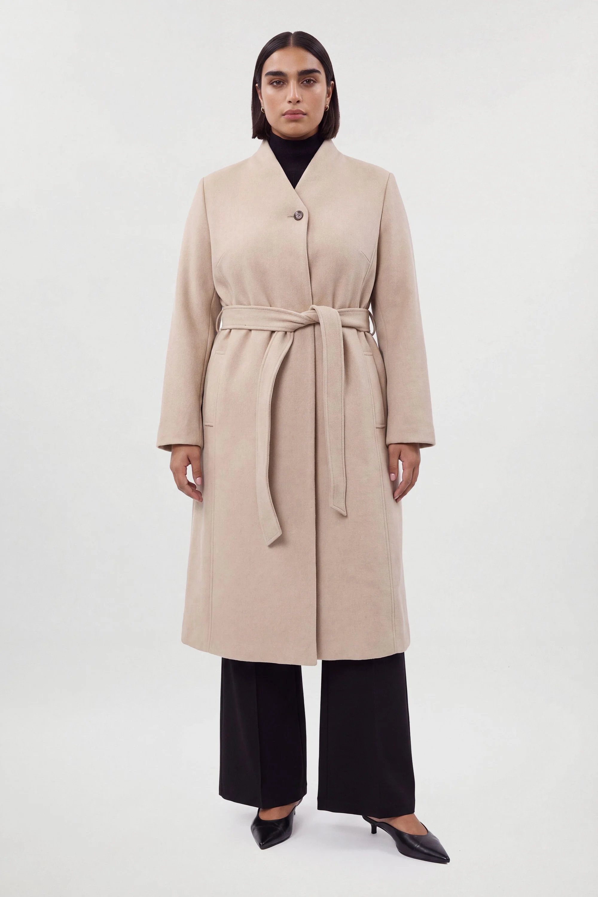 Plus Size Wool Wrap Neck Tailored Belted Midi Coat - 1