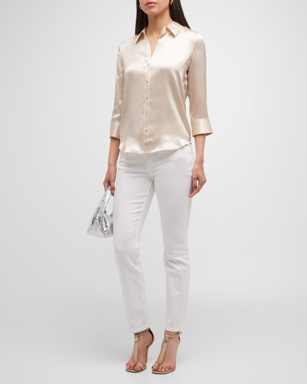 Dani Silk Satin 3/4-Sleeve Button-Down Blouse - 2