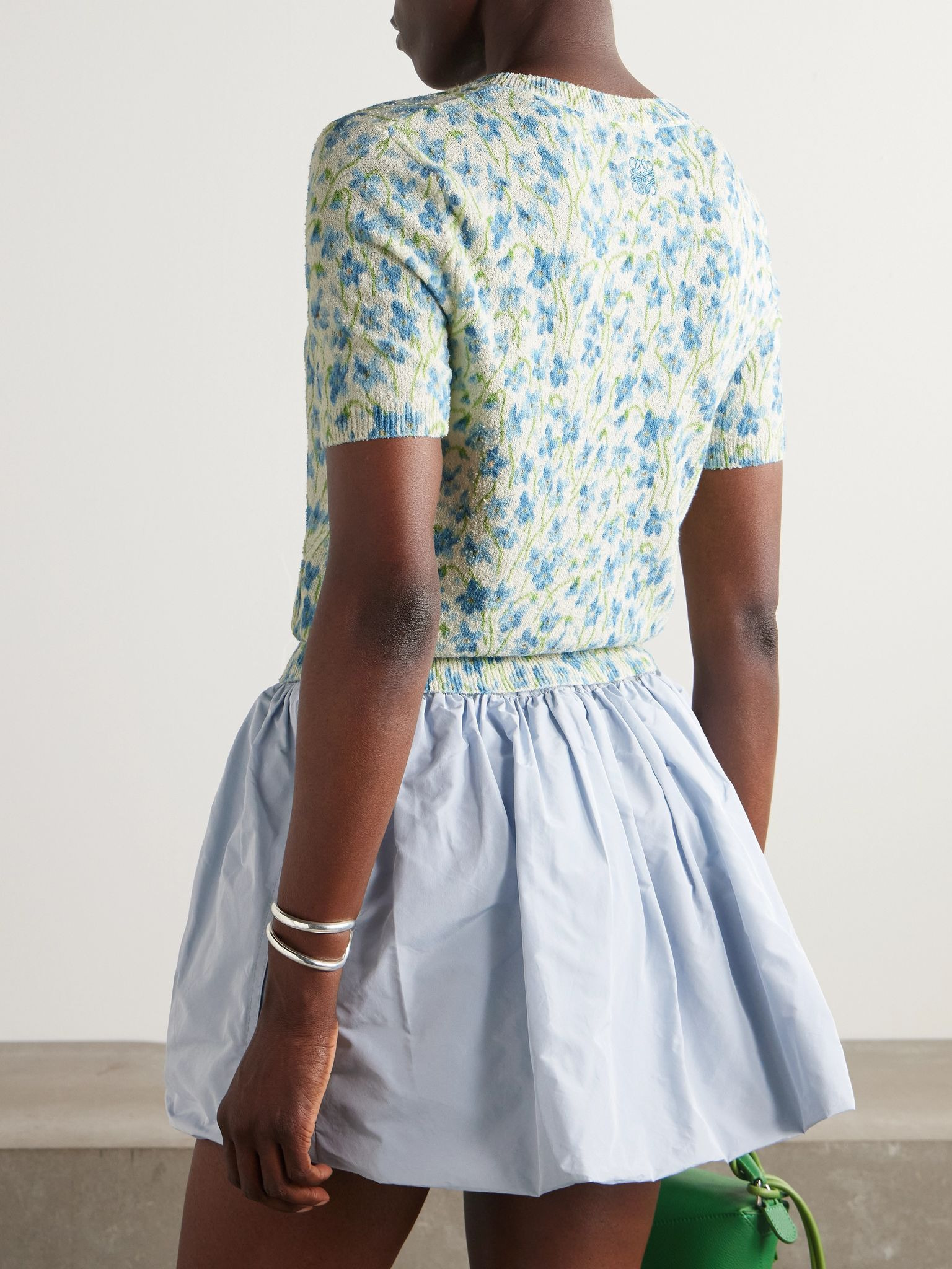 Embroidered floral-print cotton-blend T-shirt Blue - 3