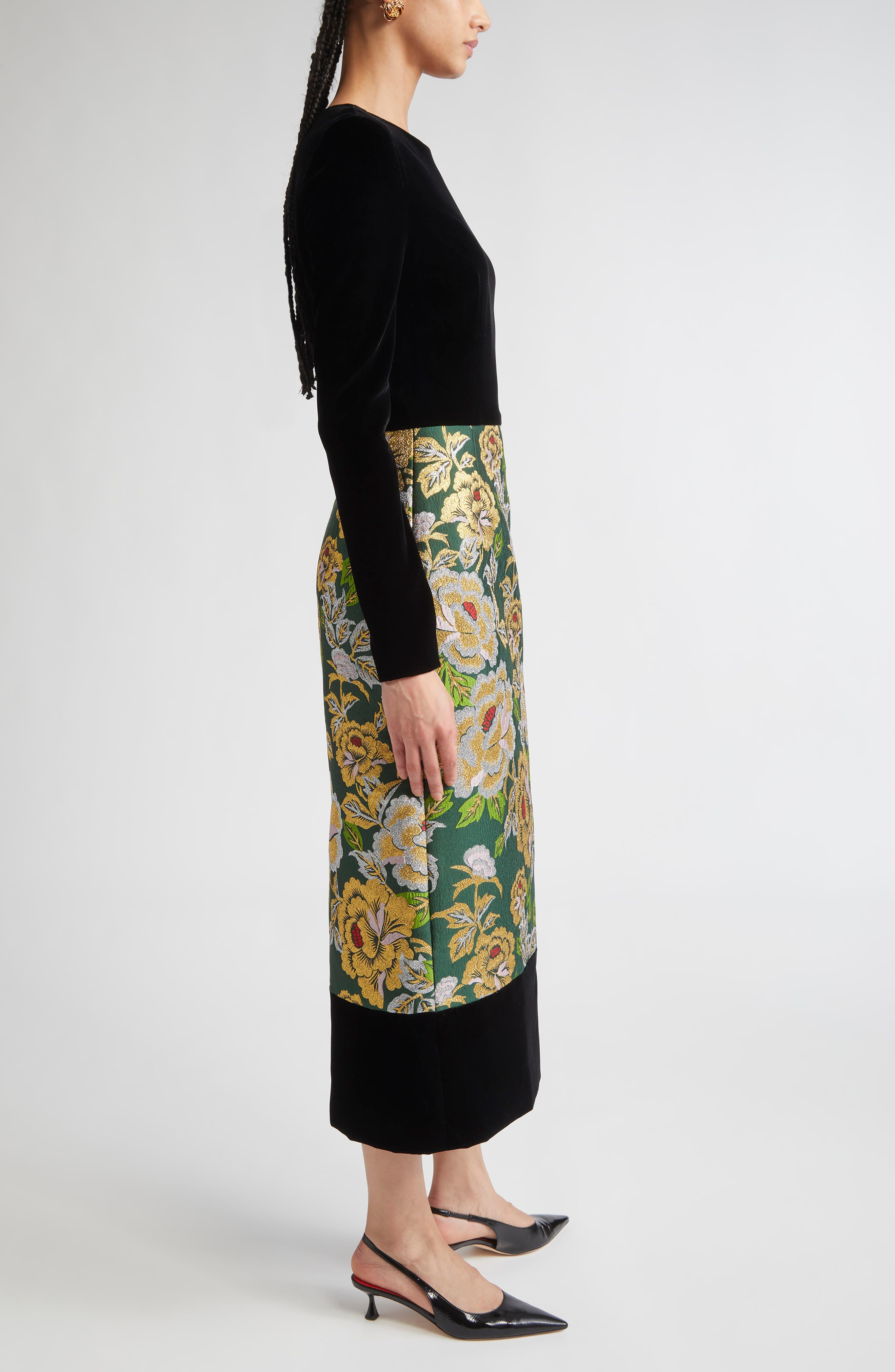 Carolina Herrera Long Sleeve Floral Jacquard & Velvet Midi Dress in Pine Green Mult at Nordstrom - 3
