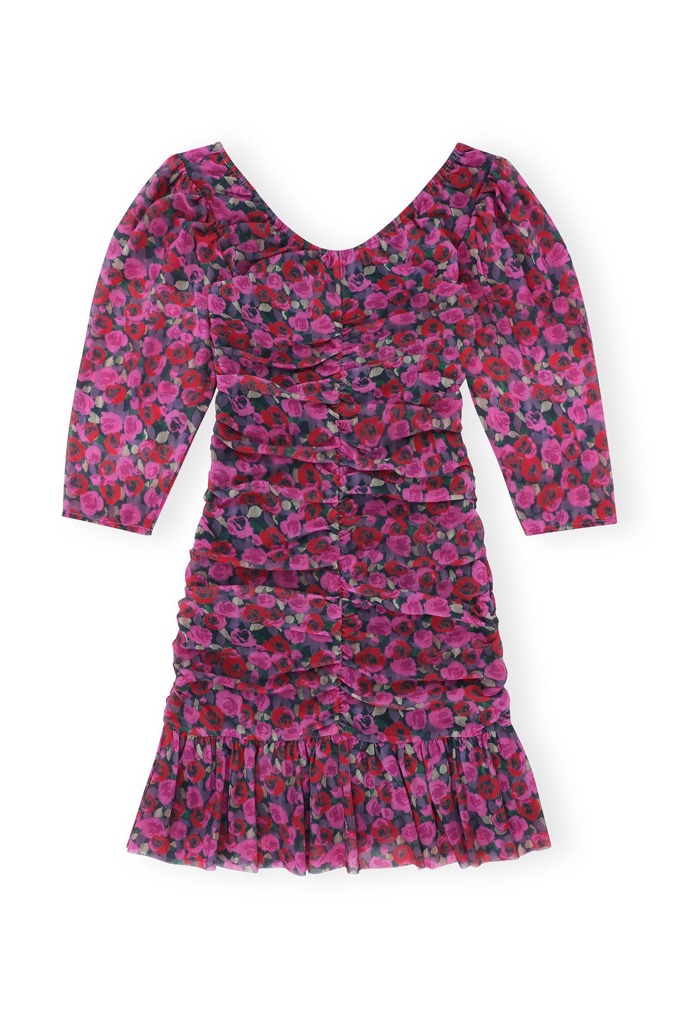 FLORAL MESH FLOUNCE RUCHED MINI DRESS - 6
