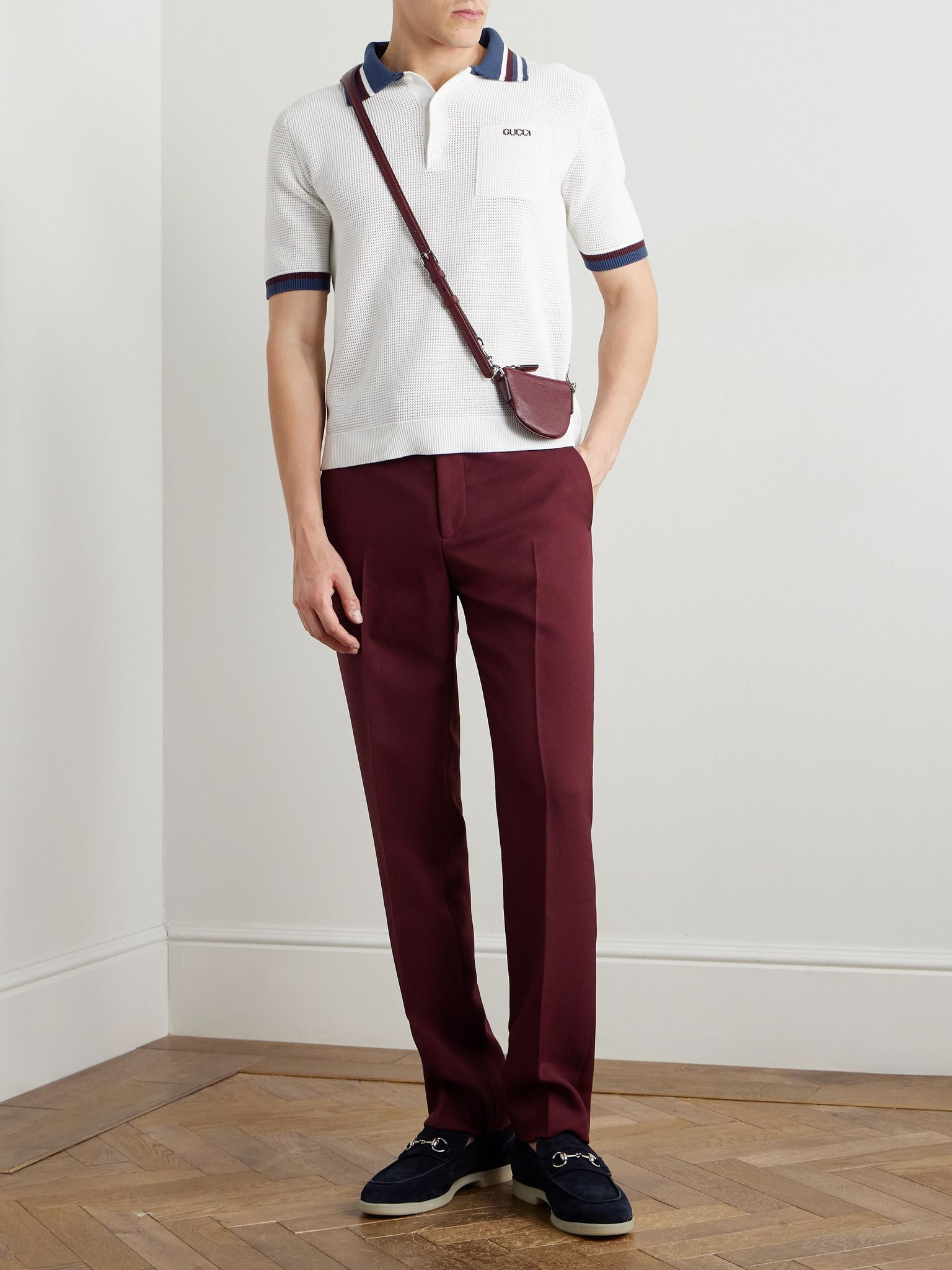 Lido Logo-Jacquard Striped Open-Knit Cotton Polo Shirt White - 2