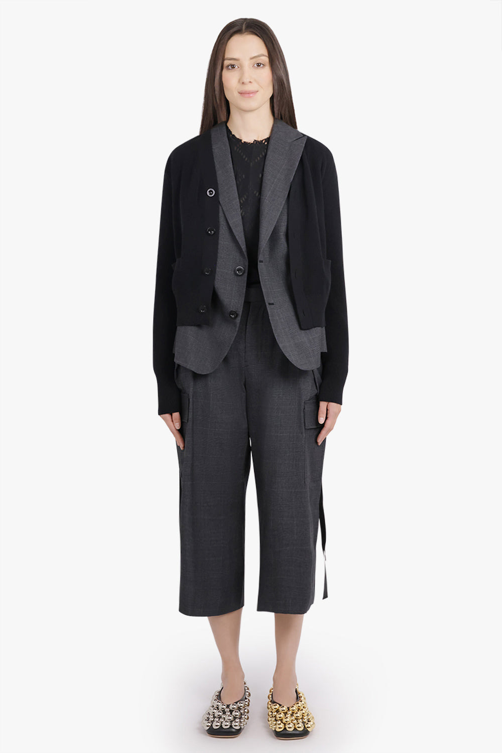 GLEN CHECK PRINT JACKET WITH KNIT CARDIGAN OVERLAY | BLACK/GREY - 4