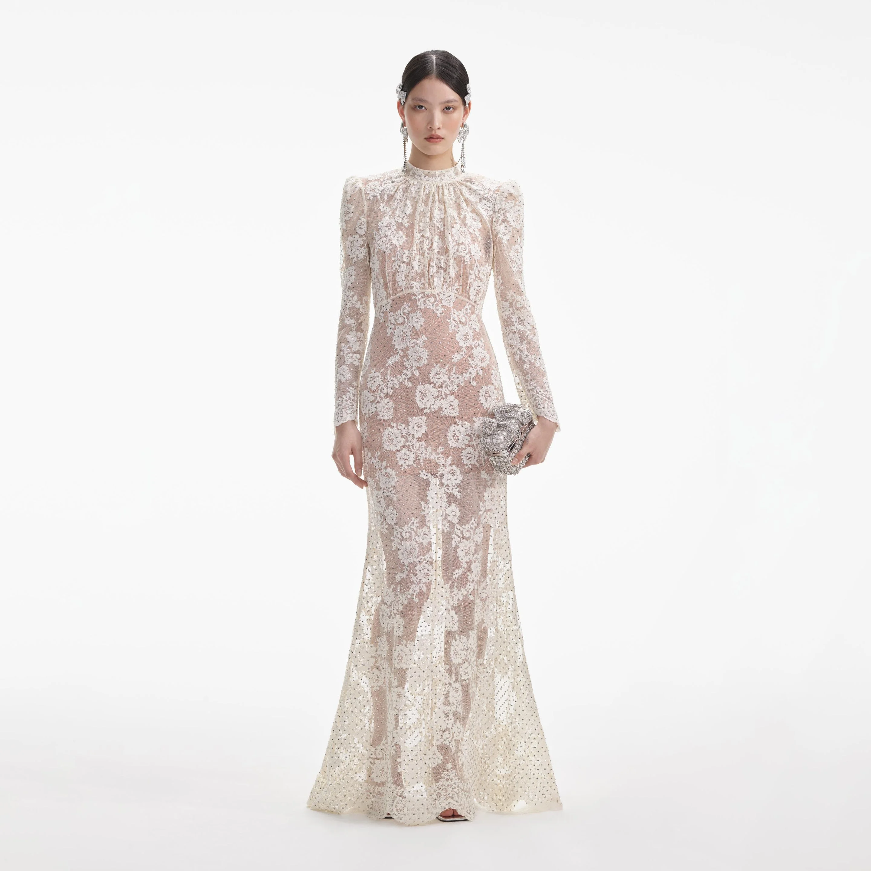 White Rhinestone Lace Maxi Dress - 1