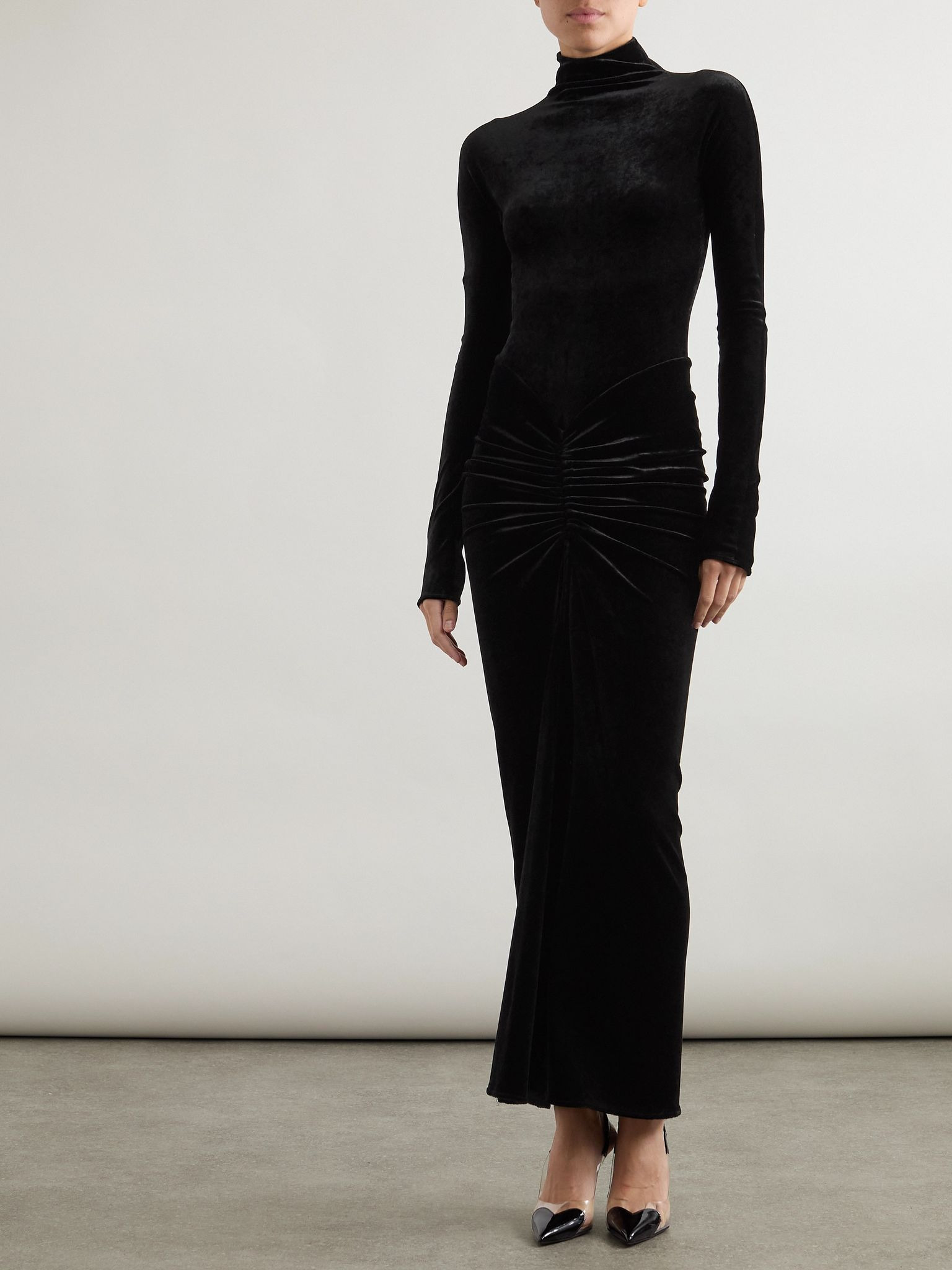 Ruched crushed-velvet turtleneck midi dress Black - 2