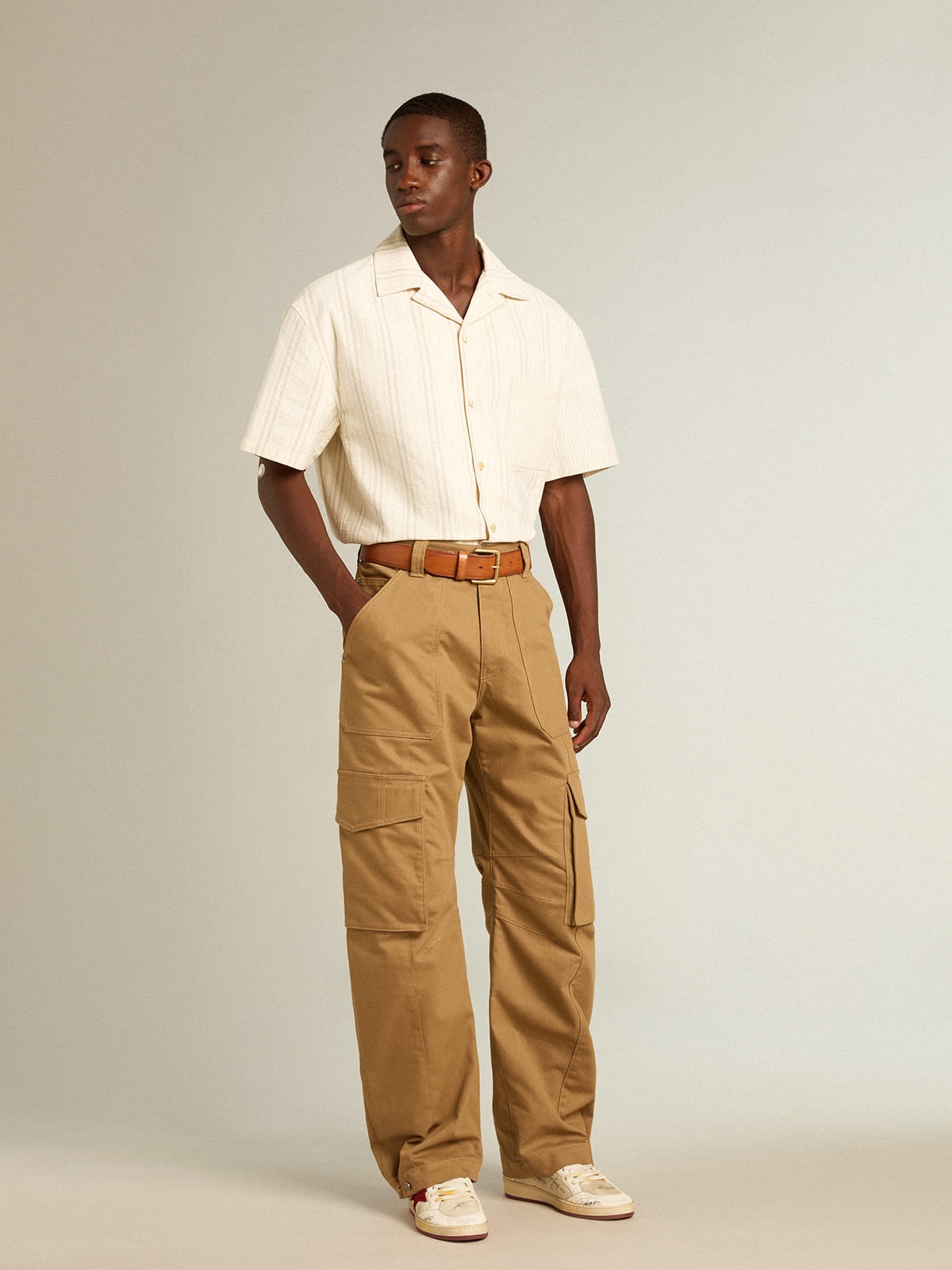 Men's short-sleeved shirt in ecru-colored cotton - 3