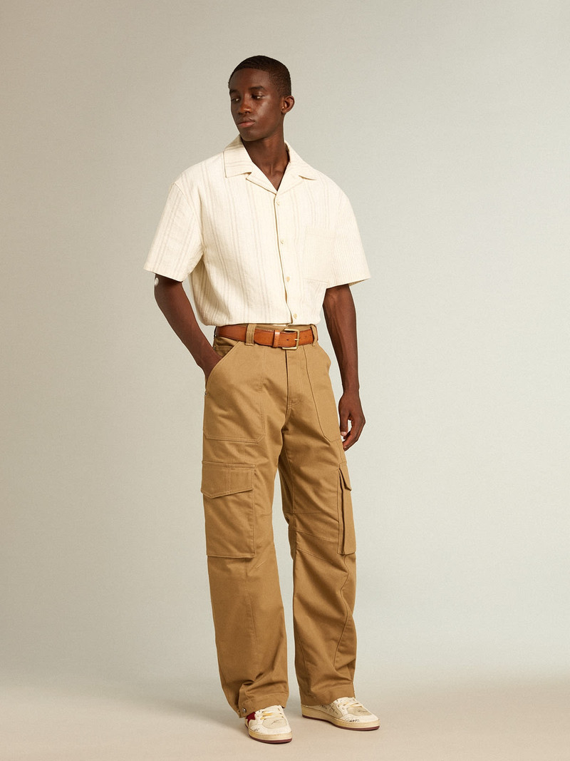 Golden Goose Men's short-sleeved shirt in ecru-colored cotton outlook