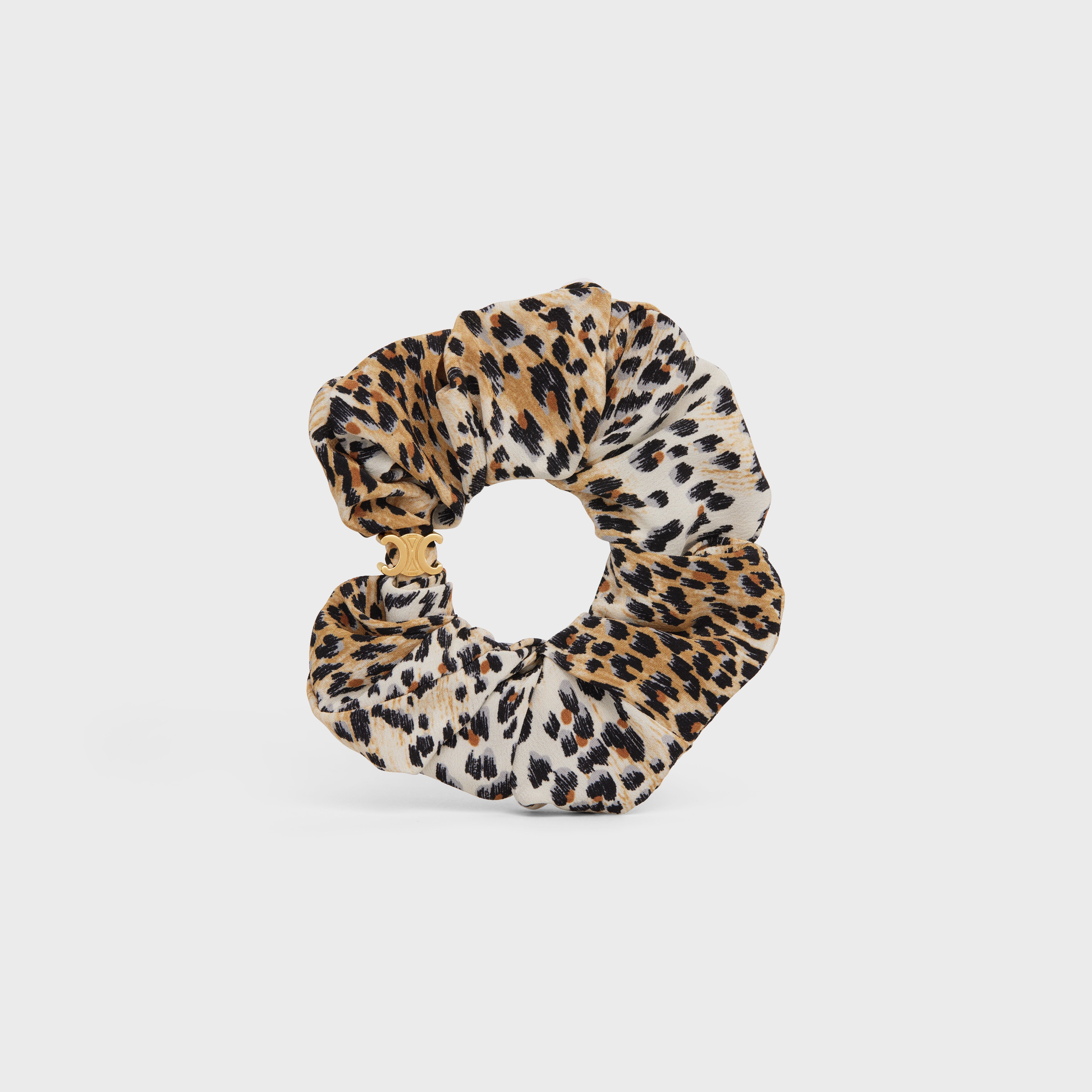 Scrunchy Celine Leopard Bracelet in Brass with Gold Finish and Beige Silk 1