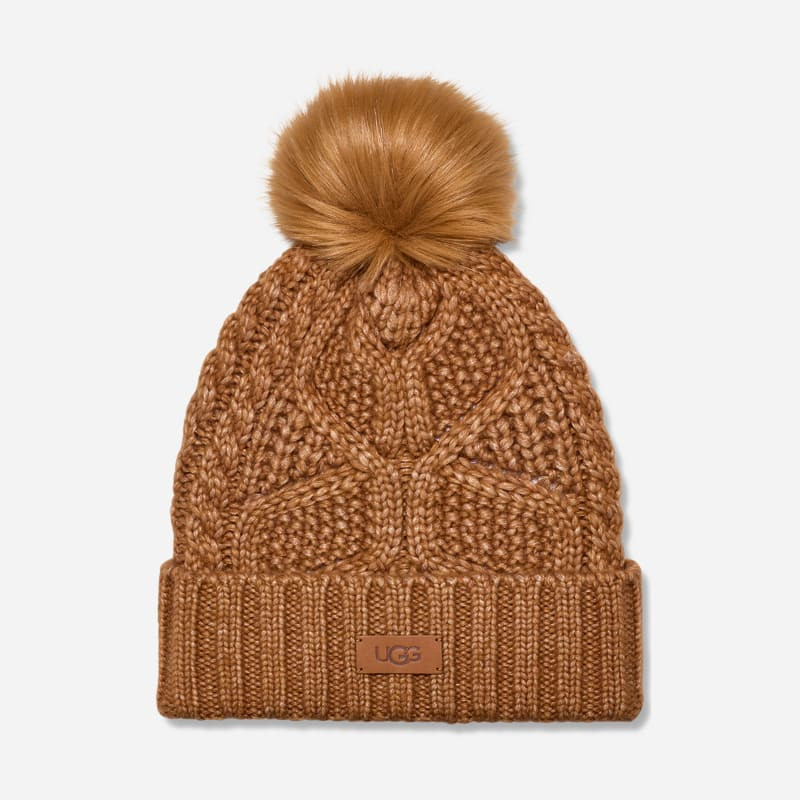 ® Women's Cable Beanie With Pom Knit/Faux Fur in Chestnut 1