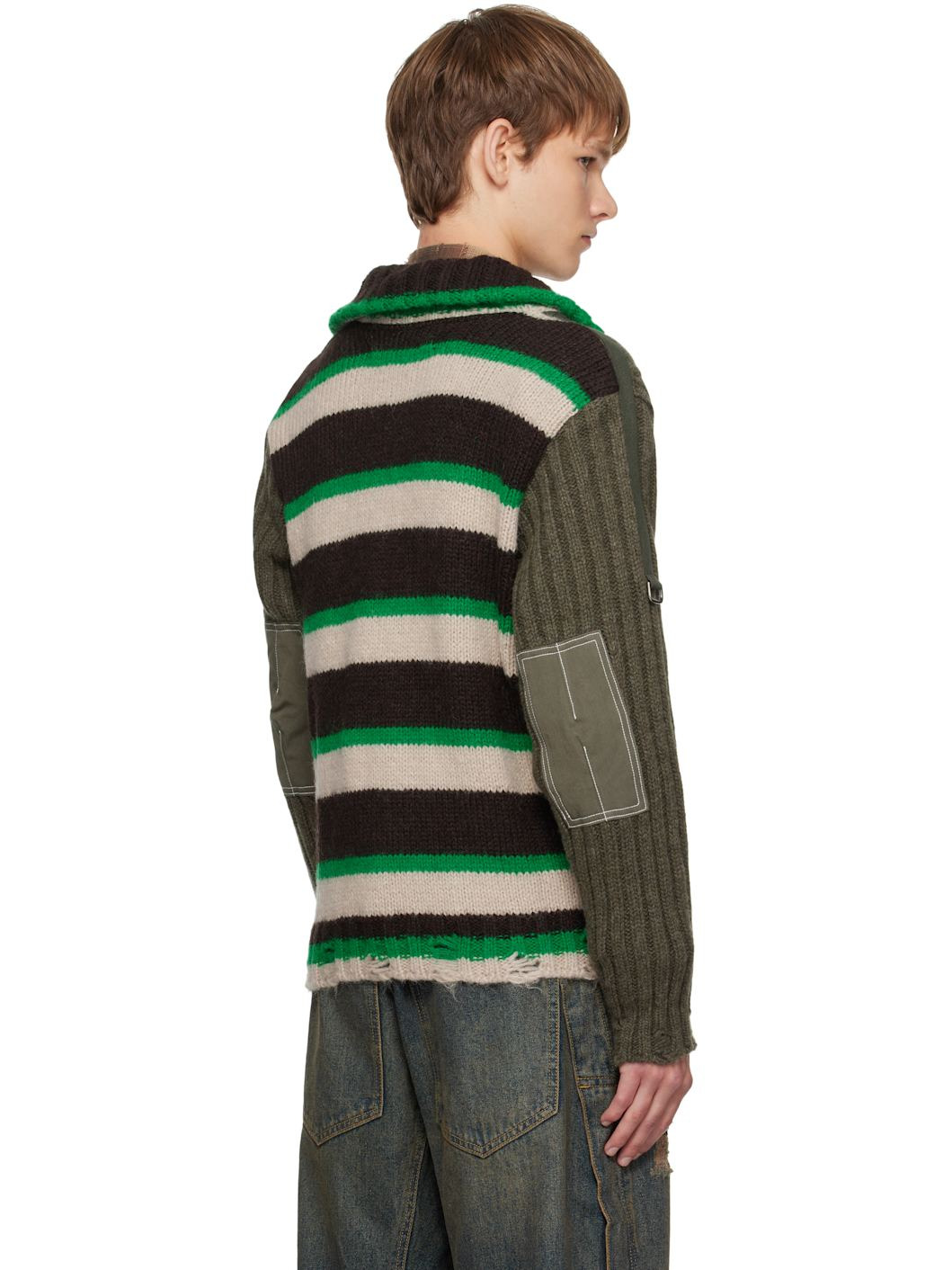 Khaki Stripe High-Neck Zip-Up Sweater - 3