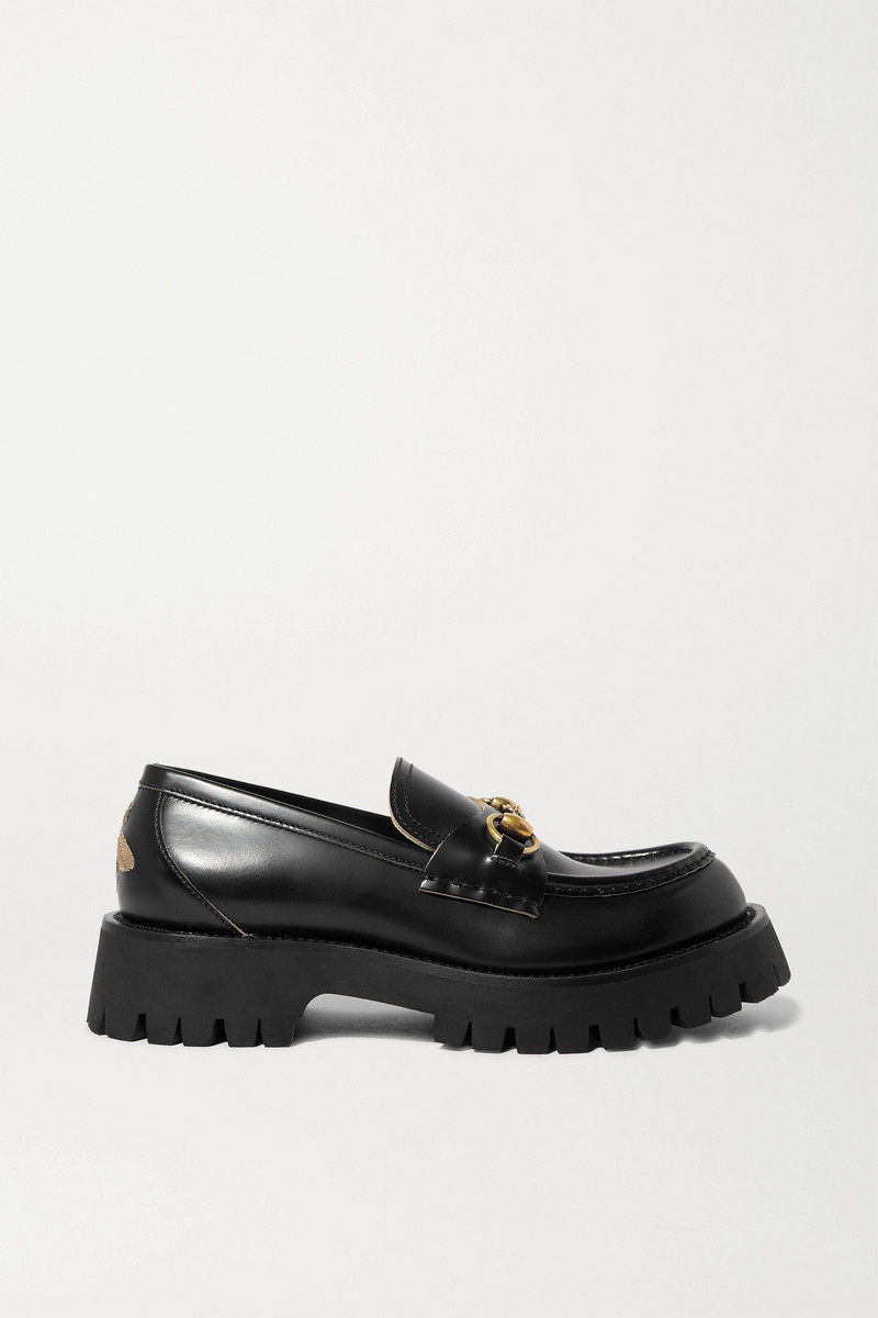 Horsebit-detailed metallic embroidered leather platform loafers - 1