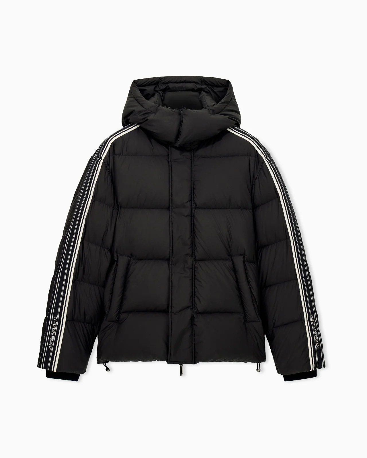 QUILTED DOWN JACKET WITH HOOD AND STRIPES ON SLEEVES - 1