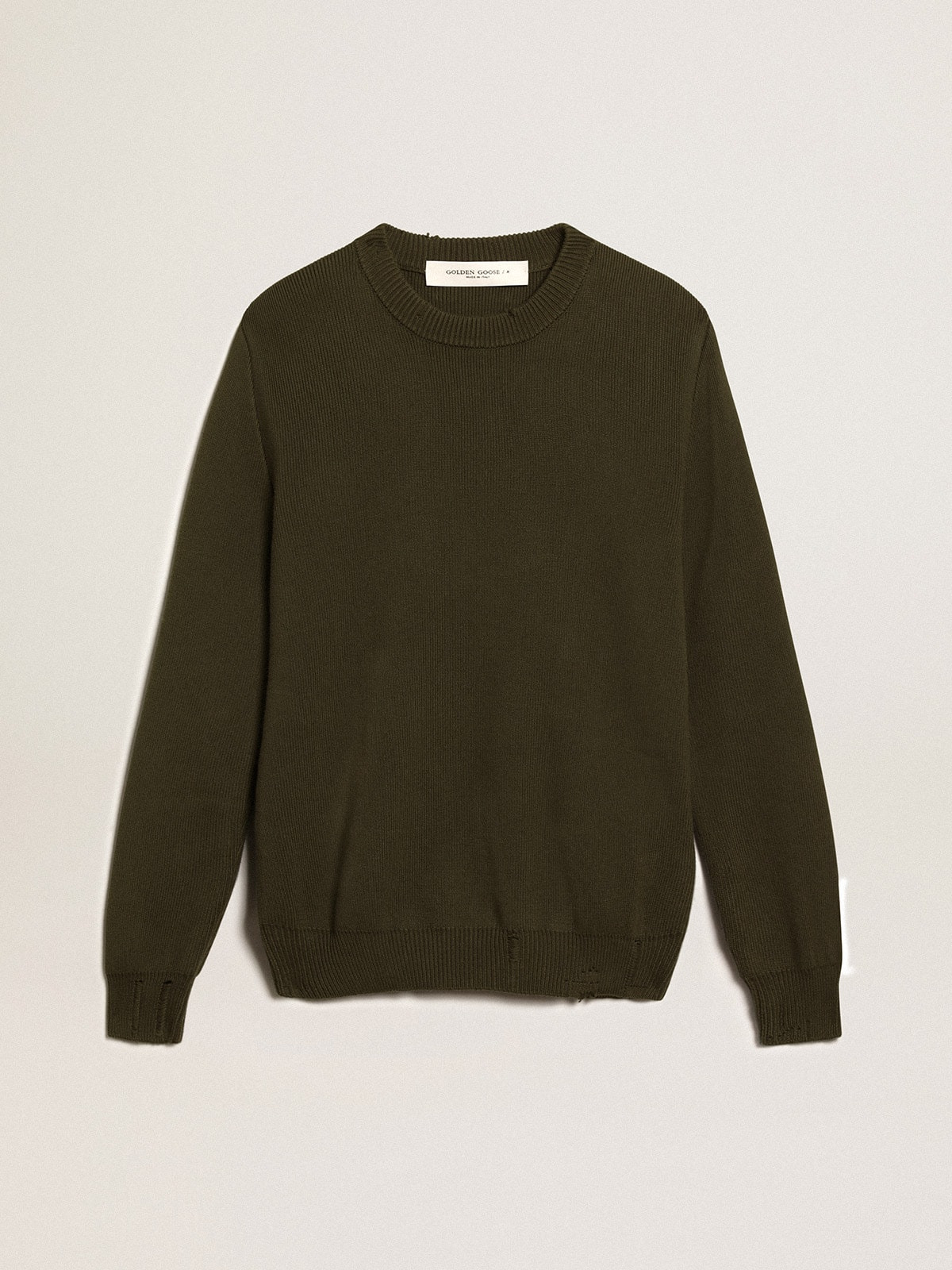 Men's round-neck sweater in military green cotton - 1