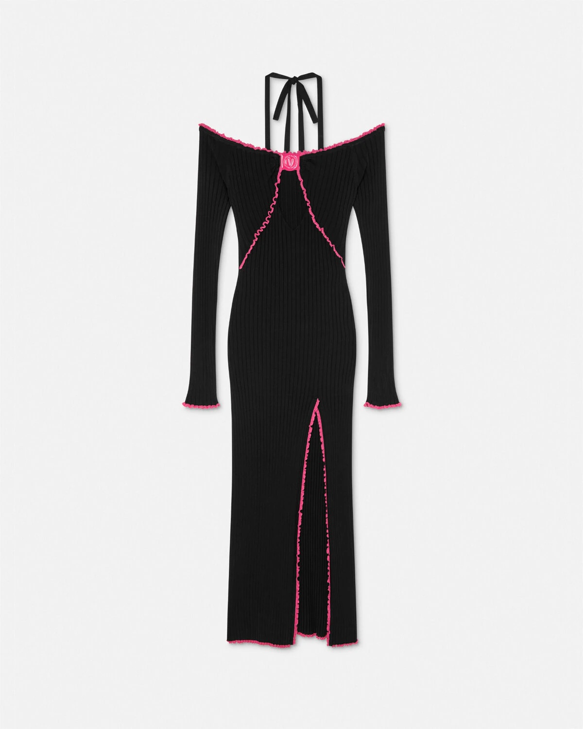 V-Emblem Ribbed Knit Long Dress - 1