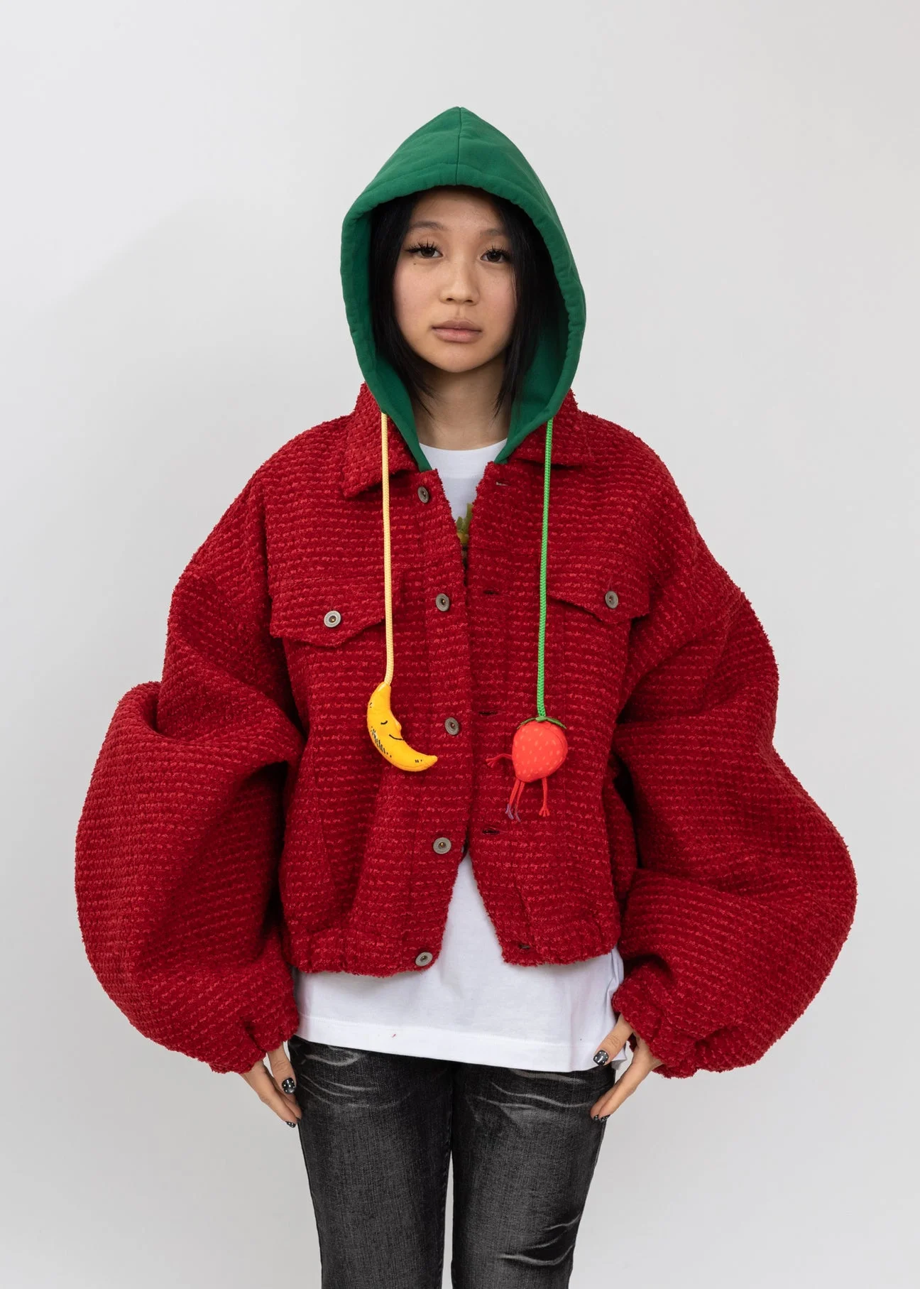 Red Puffed Strawberry Trucker Jacket - 1