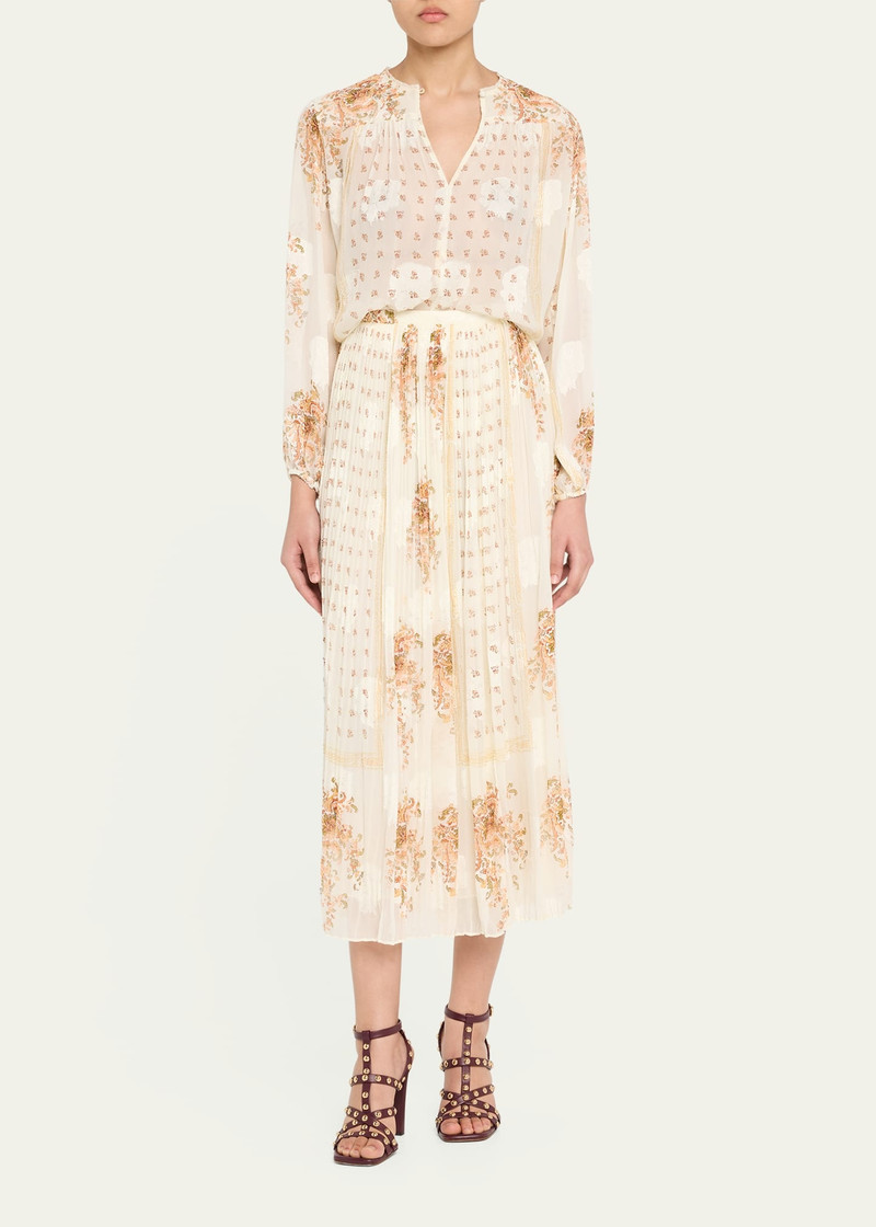 ULLA JOHNSON Brion Pleated Floral Silk Lace Midi Skirt outlook