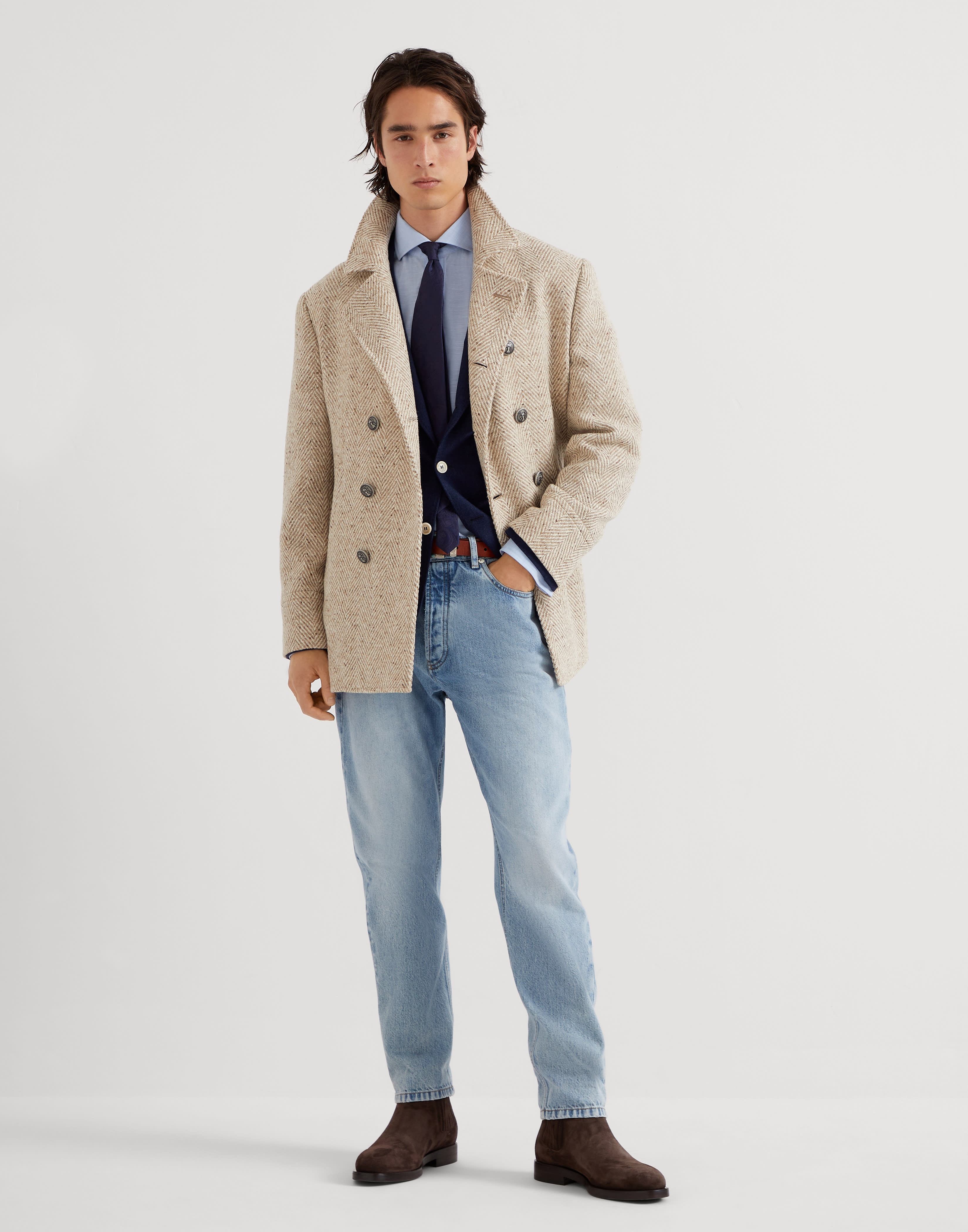 Wool, silk and cashmere diagonal deconstructed blazer with patch pockets - 5