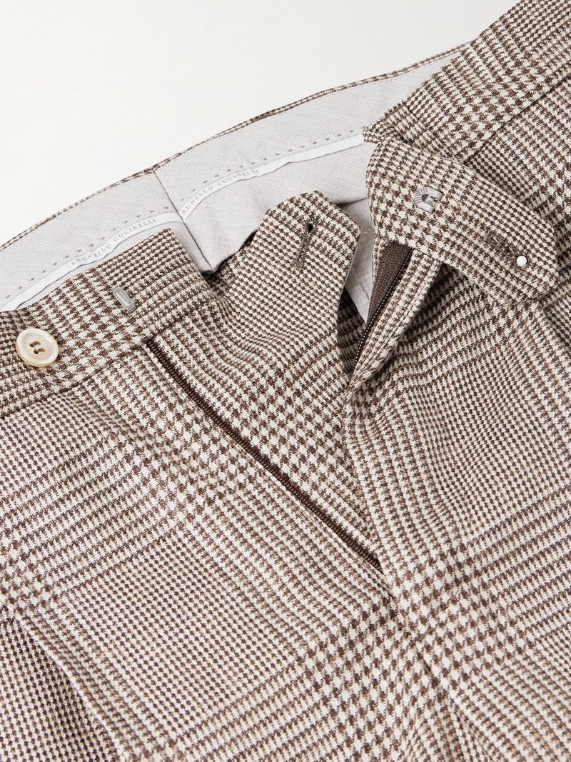 Straight-Leg Pleated Prince of Wales Checked Wool, Silk and Linen-Blend Trousers 4