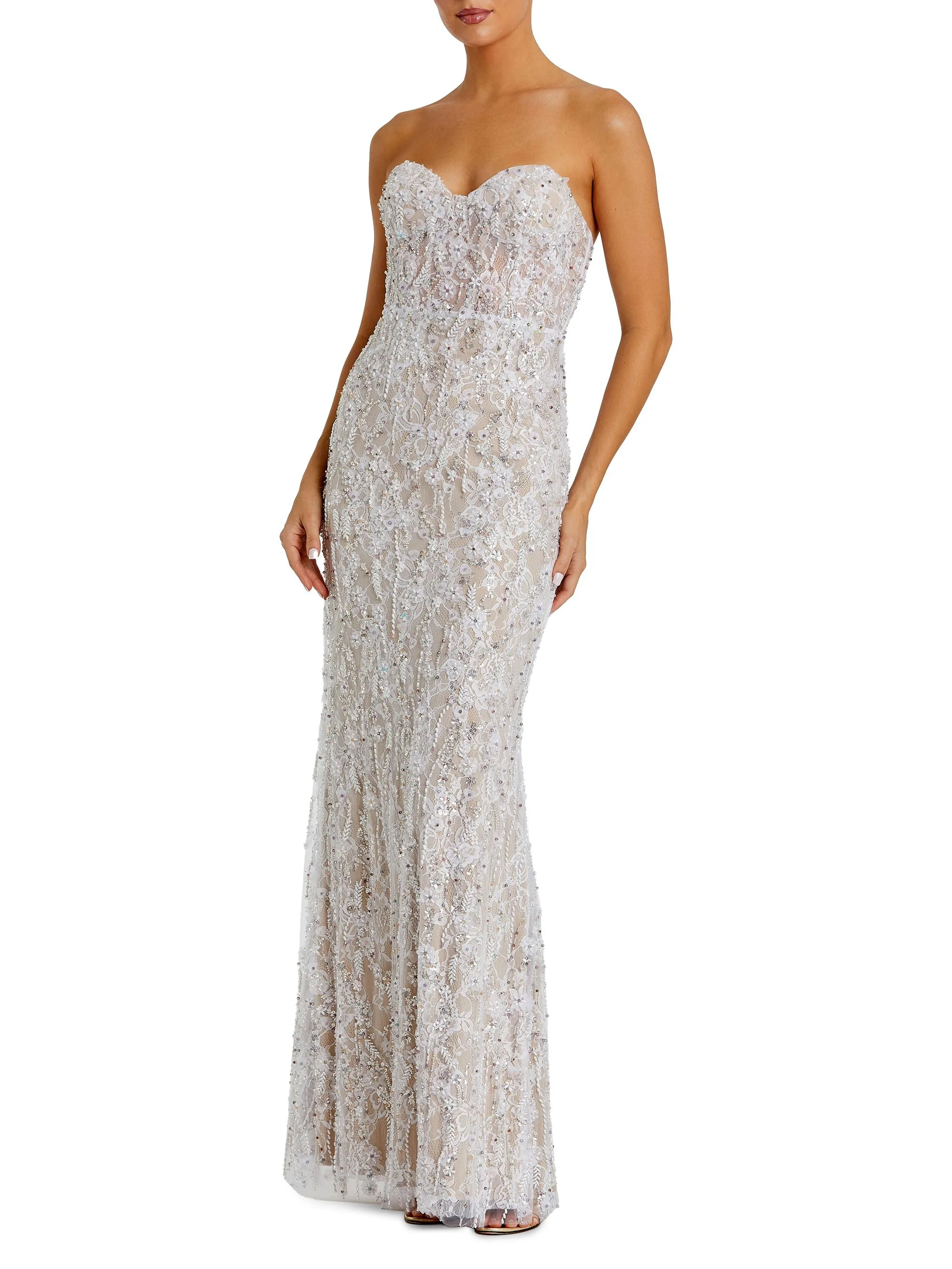 Women's Embellished Floral Lace Strapless Bustier Gown - Ivory Beige - 1