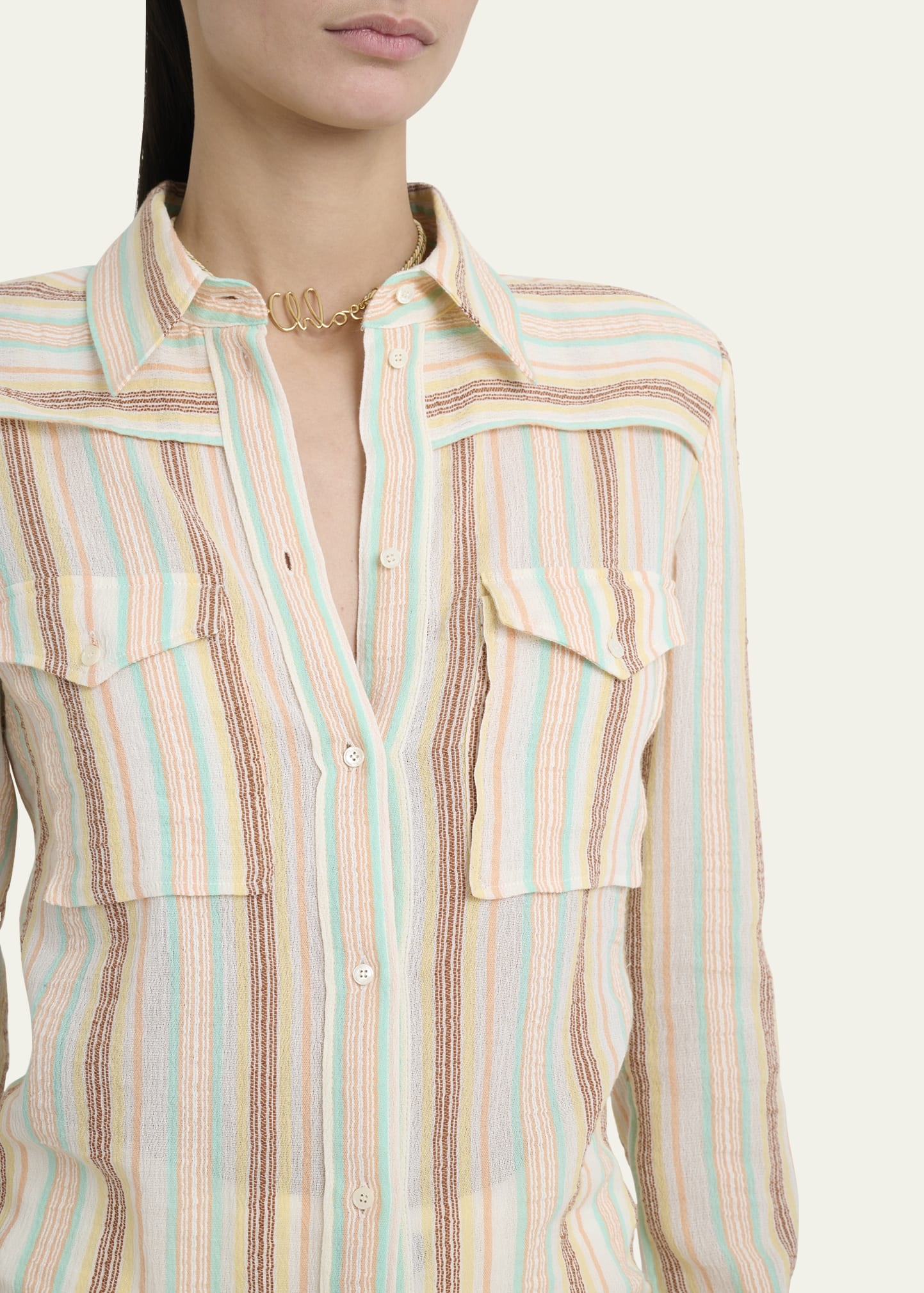 Button-Down Striped Crepon Cotton Blouse - 5
