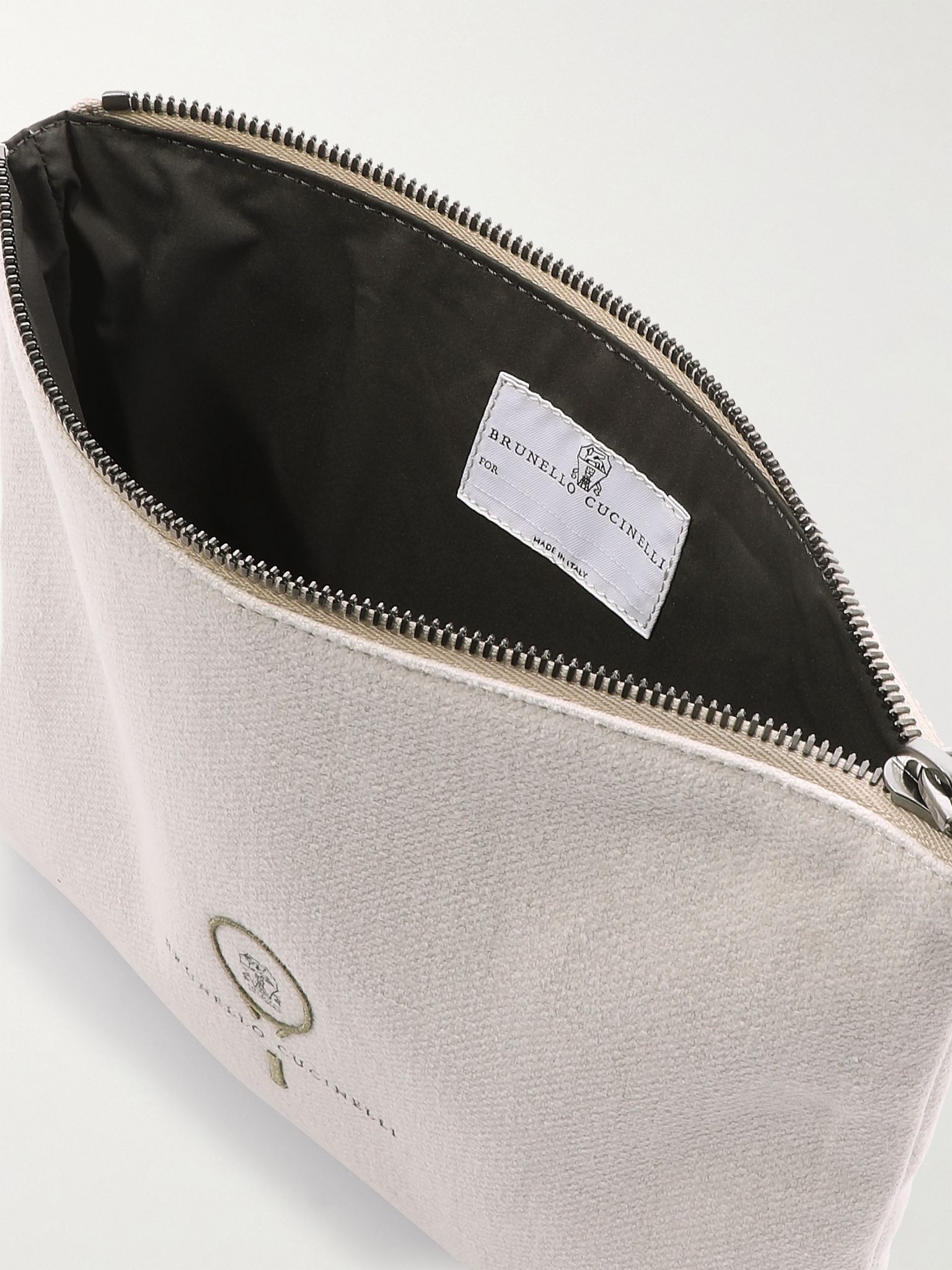 Embroidered leather-trimmed cotton and linen-blend tweed pouch Off-white - 5
