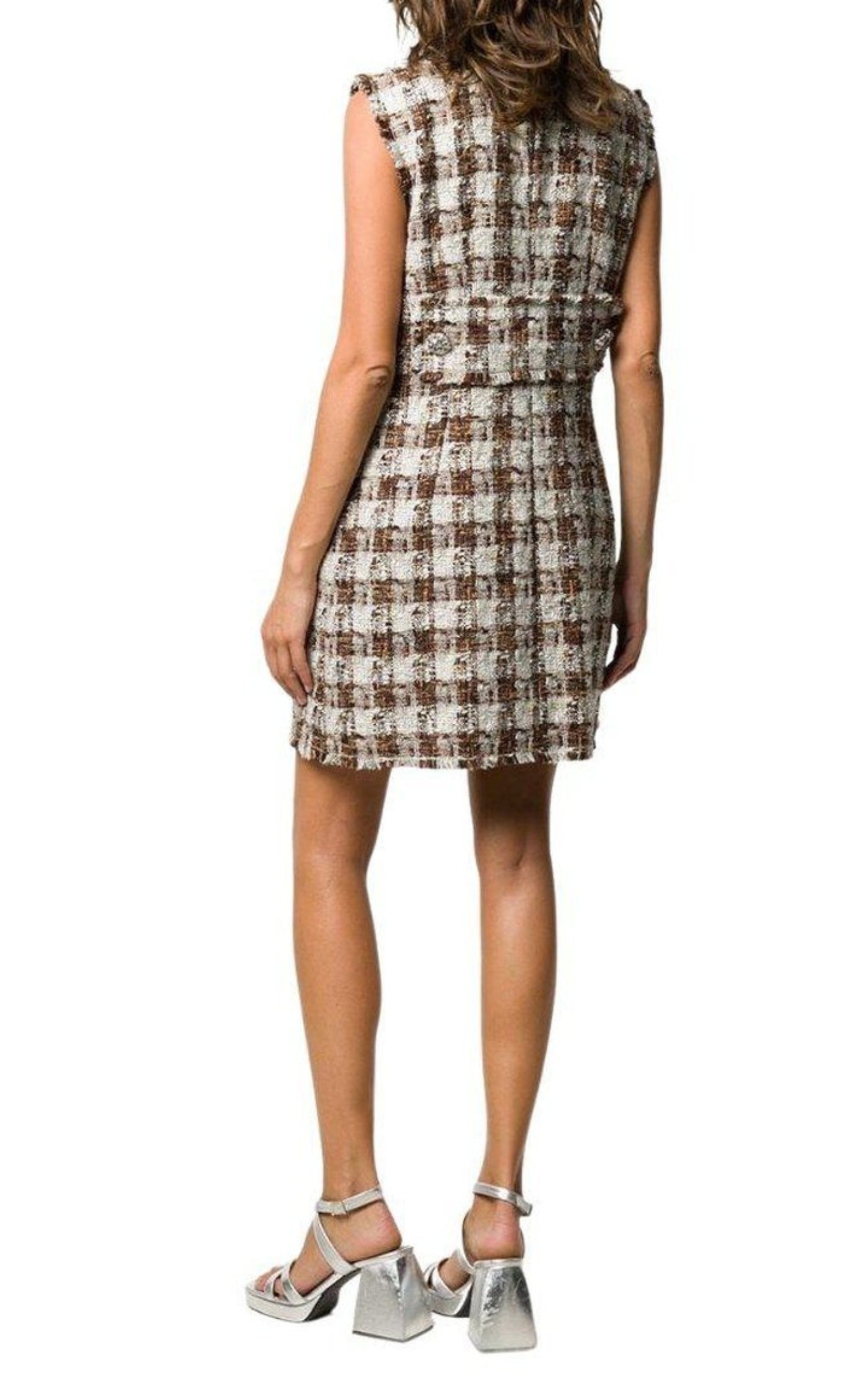 Embellished Checked Tweed Shift Dress - 4